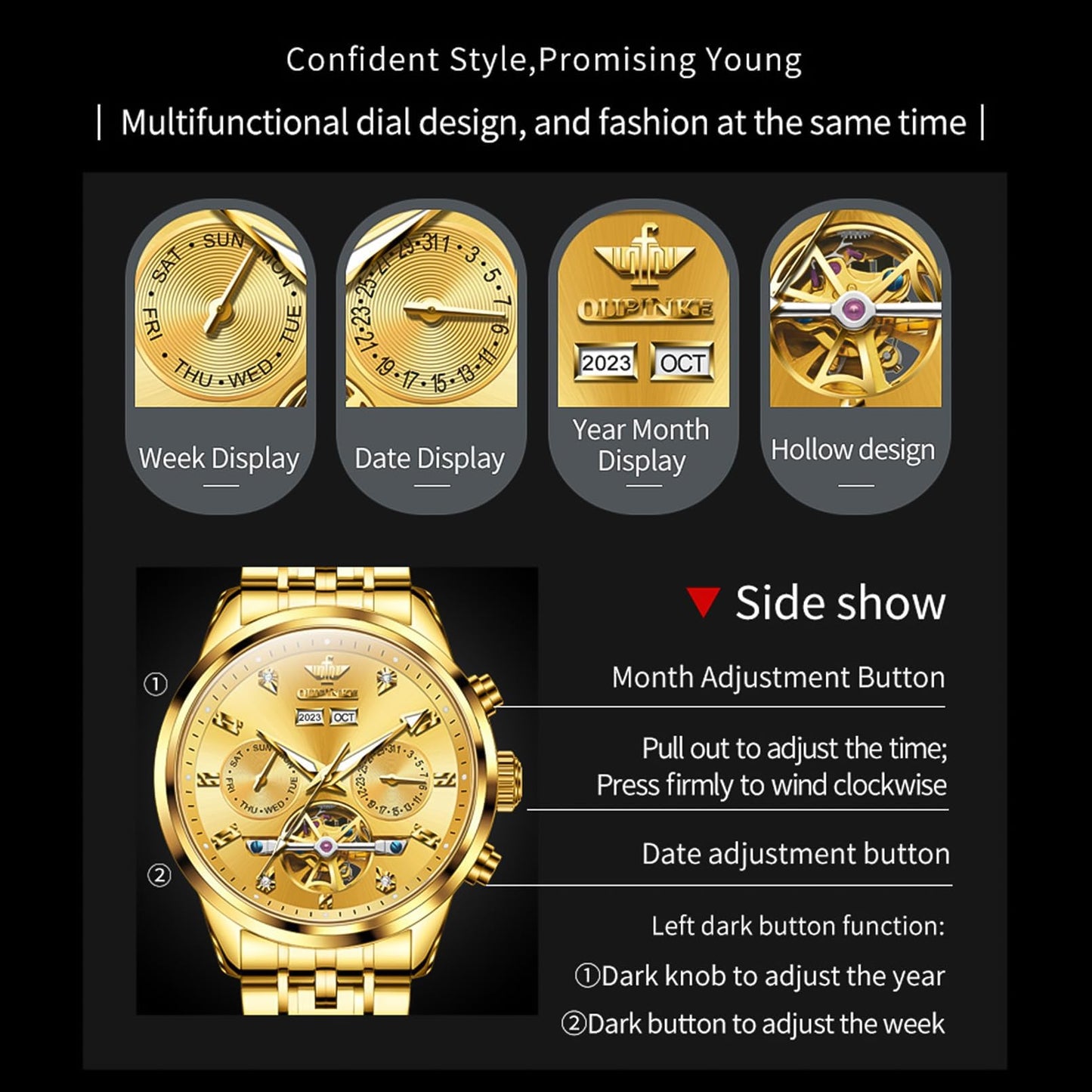 OUPINKE Men Skeleton Watch Automatic Mechanical Luxury Dress Waterproof Tourbillion Sapphire Crystal Wrist Watches for Men