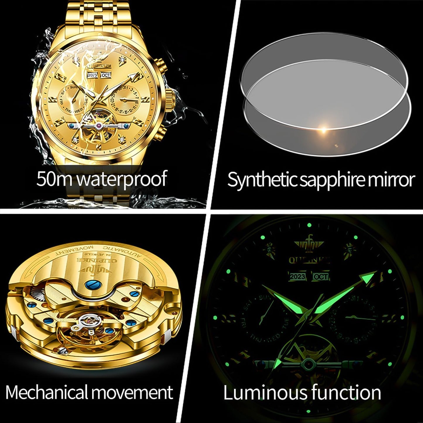 OUPINKE Men Skeleton Watch Automatic Mechanical Luxury Dress Waterproof Tourbillion Sapphire Crystal Wrist Watches for Men