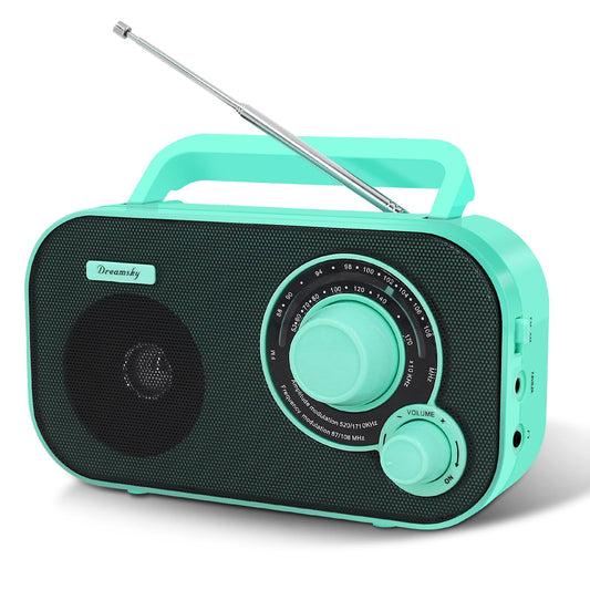 DreamSky AM FM Portable Radio Plug In Wall or Battery Operated for Home & Outdoor, Strong Reception & Sound, Large Dial Easy to Use, Transistor Antenna, Headphone Jack, Small Gifts for Seniors Elderly