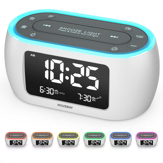 HOUSBAY Glow Small Alarm Clock Radio for Bedrooms with 7 Color Night Light, Dual Alarm, Dimmer, USB Charger, Battery Backup, Nap Timer, FM Radio with Auto-Off Timer for Bedside