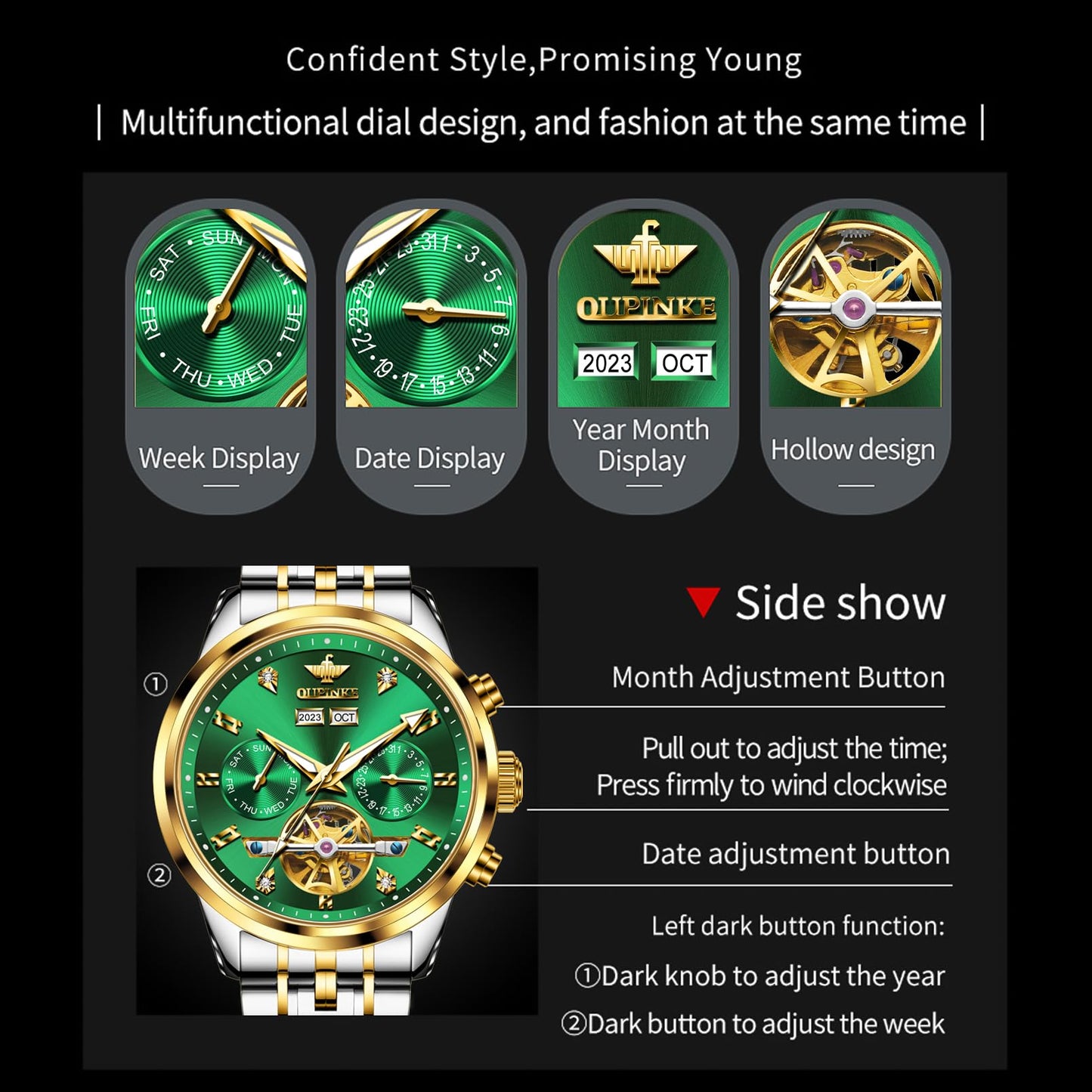 OUPINKE Men Skeleton Watch Automatic Mechanical Luxury Dress Waterproof Tourbillion Sapphire Crystal Wrist Watches for Men