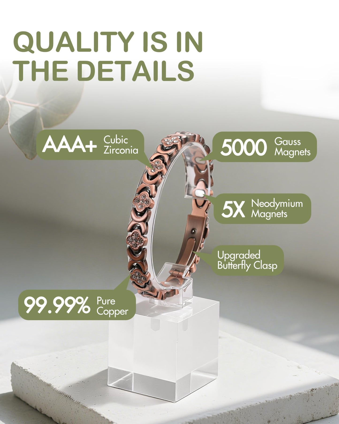 Feraco Pure Copper Bracelets for Women, Ultra Strength Magnetic Therapy Bracelet for Pain Relief with Neodymium Magnets & Sparkling Cubic Zirconia, Adjustable, Infinite Clover Jewelry