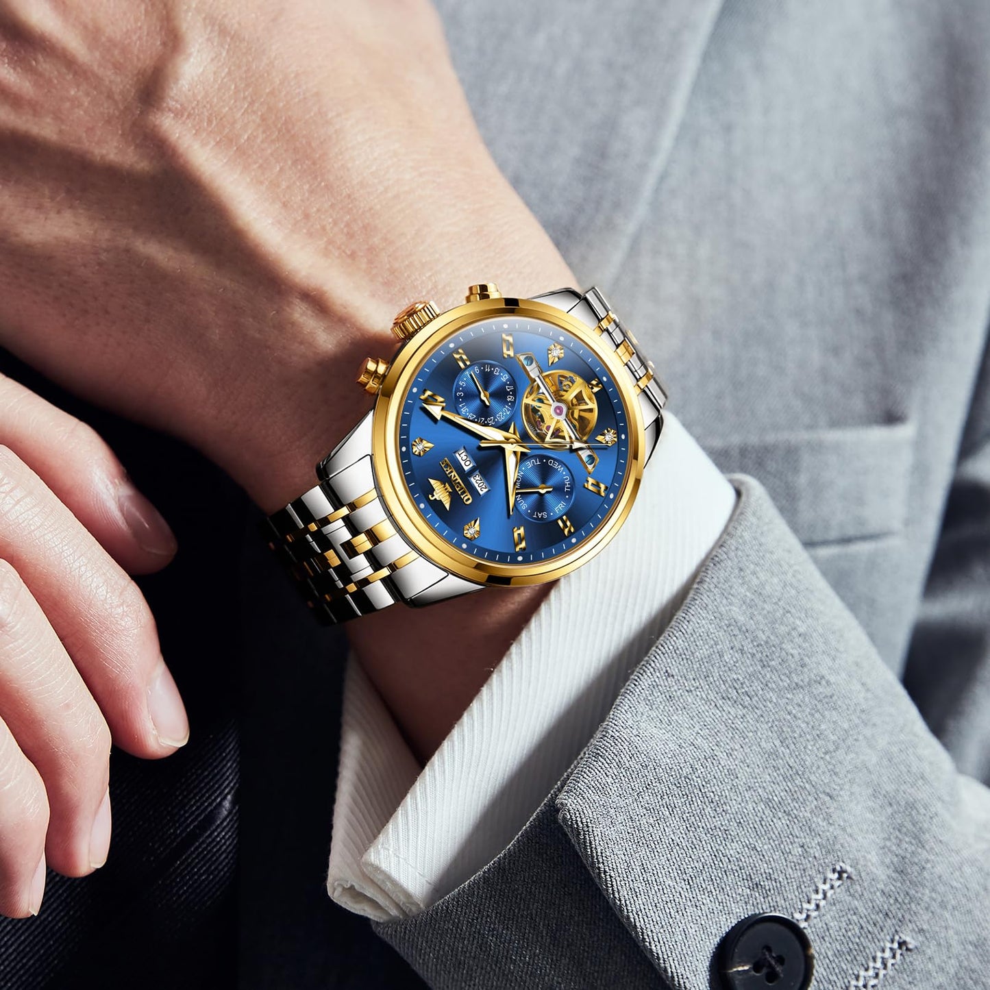 OUPINKE Men Skeleton Watch Automatic Mechanical Luxury Dress Waterproof Tourbillion Sapphire Crystal Wrist Watches for Men