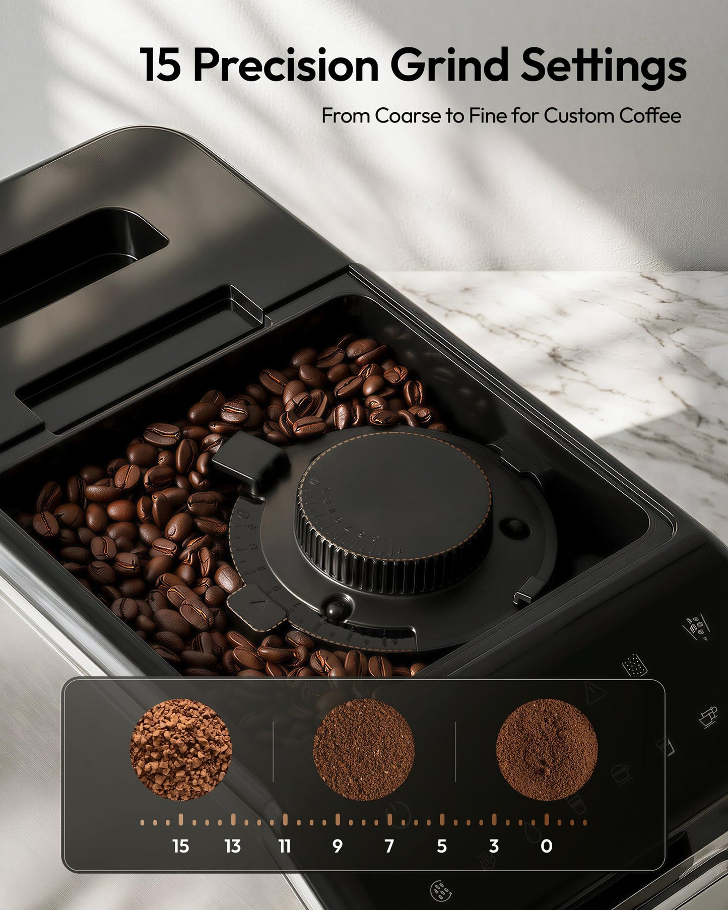 EUHOMY Fully Automatic Espresso Machine, 20 Bar Coffee Maker with Grinder and Integrated Milk Frother, Automatic Espresso Machine with Touch Screen, 15-Grind Settings Coffee Machine for Home, Silver