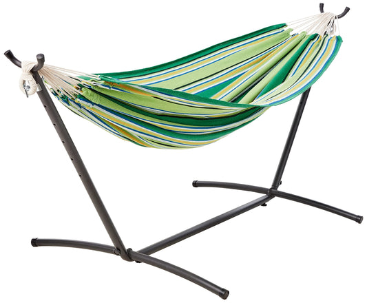 Amazon Basics Double Hammock with 9-Foot Space Saving Steel Stand and Carrying Case, 2 Person, 450 lb Capacity, Sunset Orange Stripe, 110" x 47" x 43", Outdoor