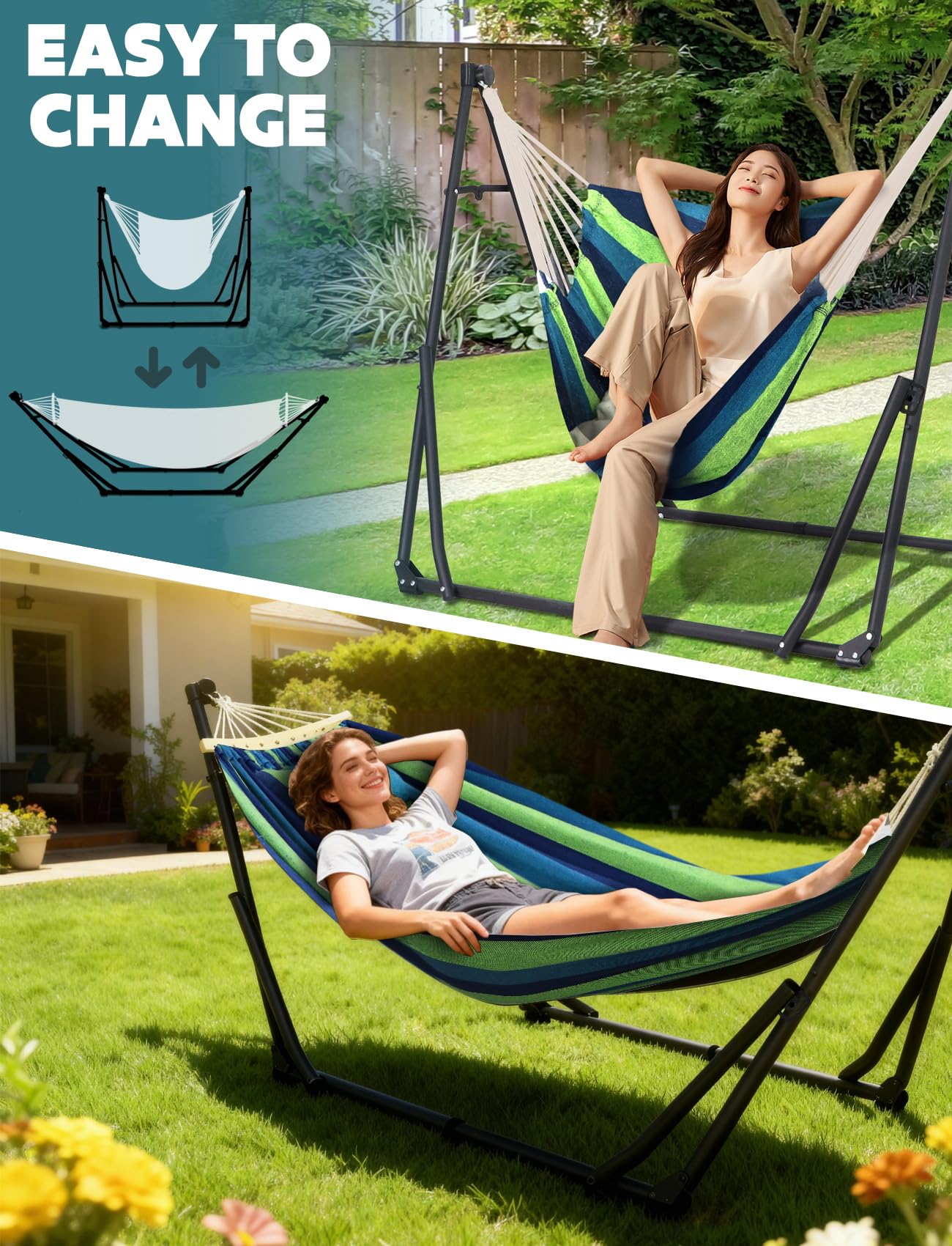 Anyoo 2 in 1 Hammock and Swinging Chair with Collapsible Steel Stand & Carrying Case,Portable & Adjustable,Easy Set Up for Outdoor,Indoor,Porch Swing,Patio,Garden,Camping Trip