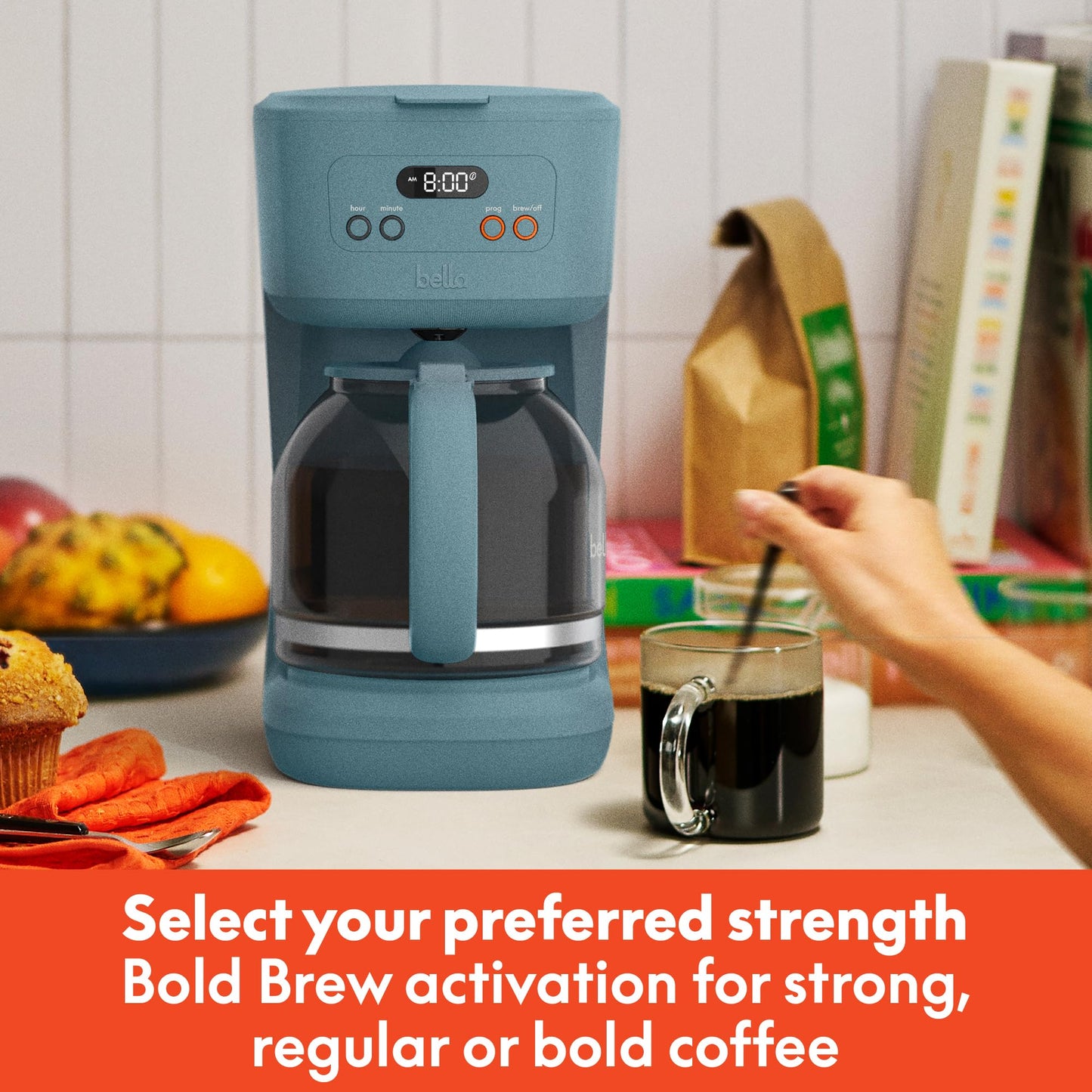 BELLA 12 Cup Programmable Coffee Marker, Reusable Dishwasher Safe Accessories, Easy LCD diaply, Auto Shutoff, 900 watt, Oatmilk