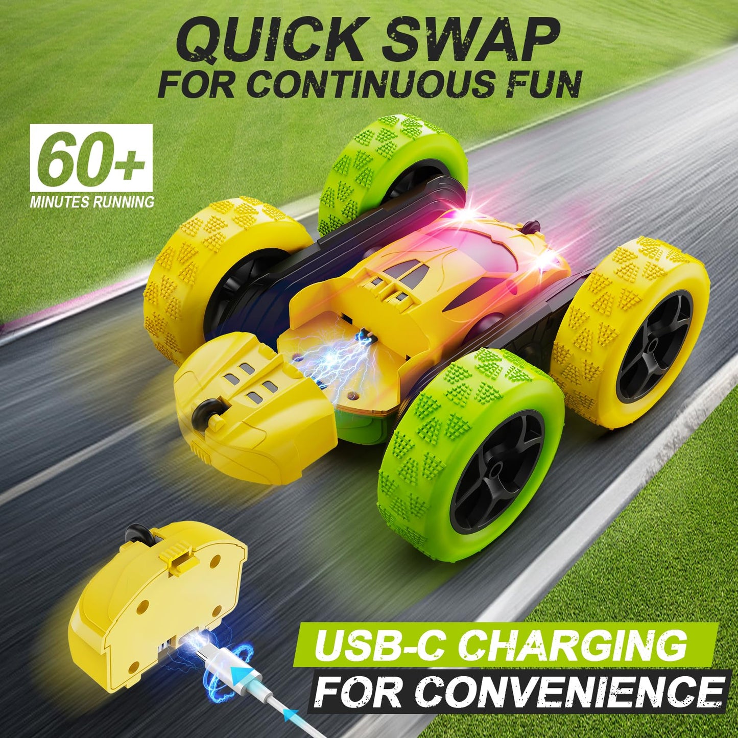 Remote Control Car, RC Cars Toys for Kids Ages 6-12, 4WD Stunt Car with LED Lights & 360° Flips, 2.4GHz, Upgraded USB-C Modular Batteries, 8-10 Year Old Boys Birthday Gift 1-Blue