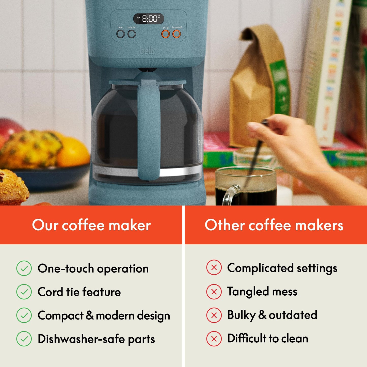 BELLA 12 Cup Programmable Coffee Marker, Reusable Dishwasher Safe Accessories, Easy LCD diaply, Auto Shutoff, 900 watt, Oatmilk