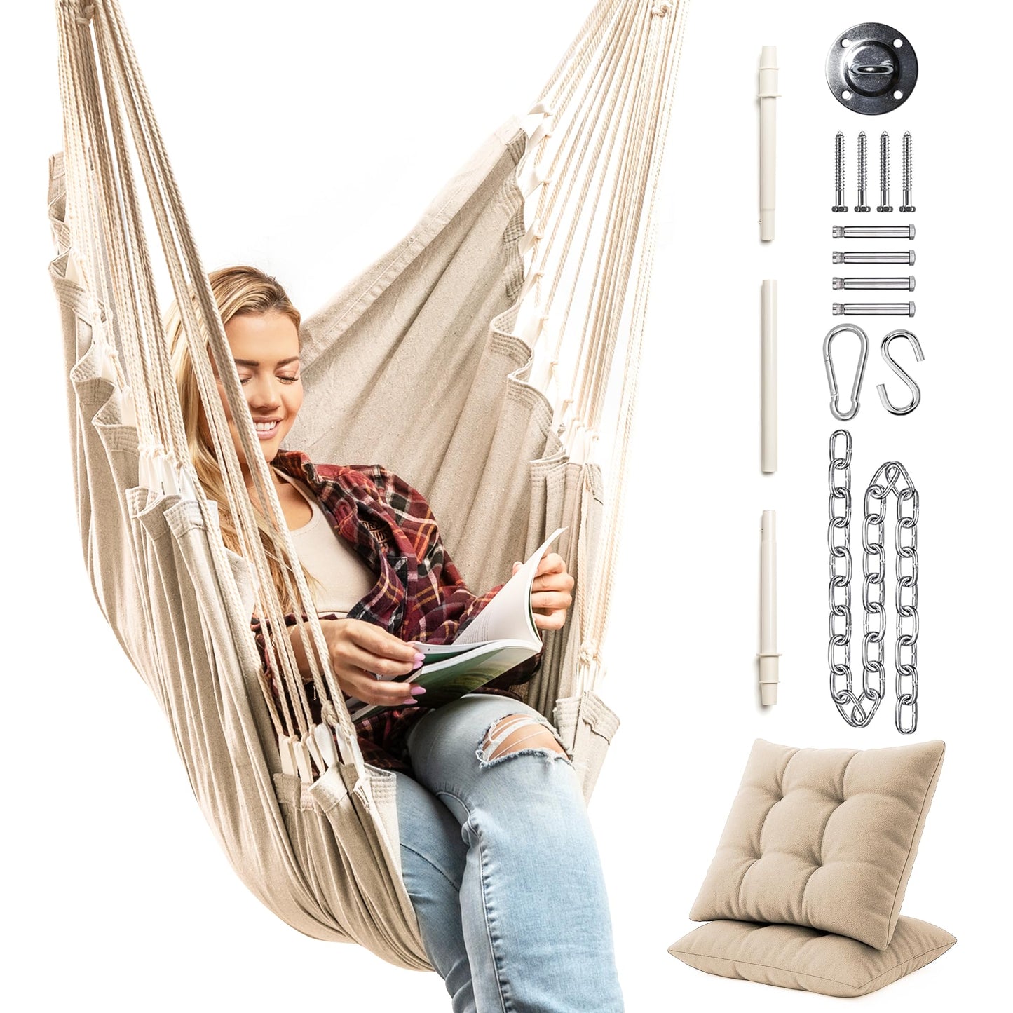 Hanging Hammock Chair Swing – Hanging Chair Outdoor & Indoor - Hammock Swing Chair – Quick & Easy Setup with Hardware Kit – Durable & Spacious Full Body Support – Holds 440 Lbs