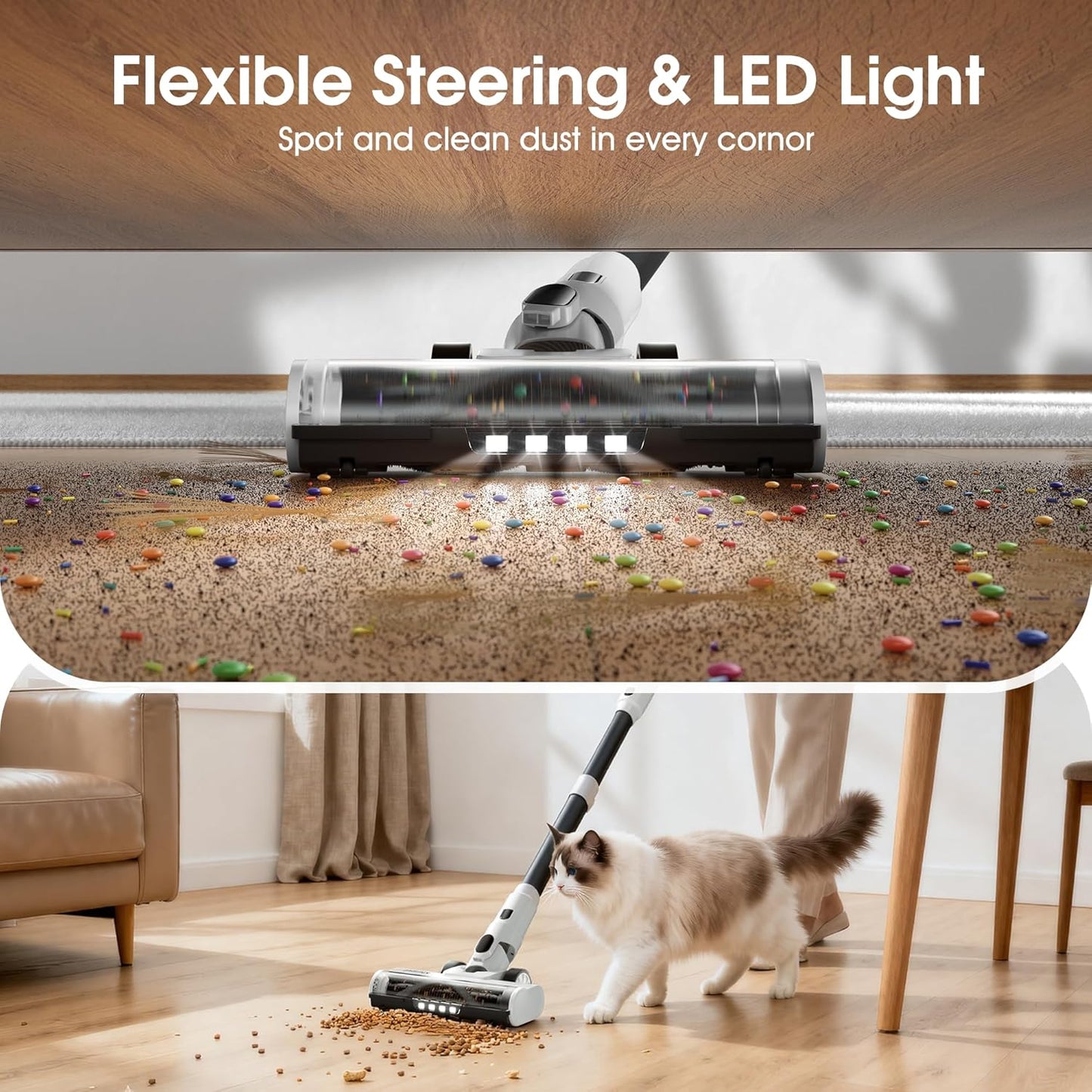Cordless Vacuum Cleaner, Upgraded 650W 55KPA 70Mins Runtime Fast Charging Self-Standing Vacuum Cleaners for Home, LED Light Touch Screen Vacuum Cleaner Light Weight,for Pet Hair/Floor, White