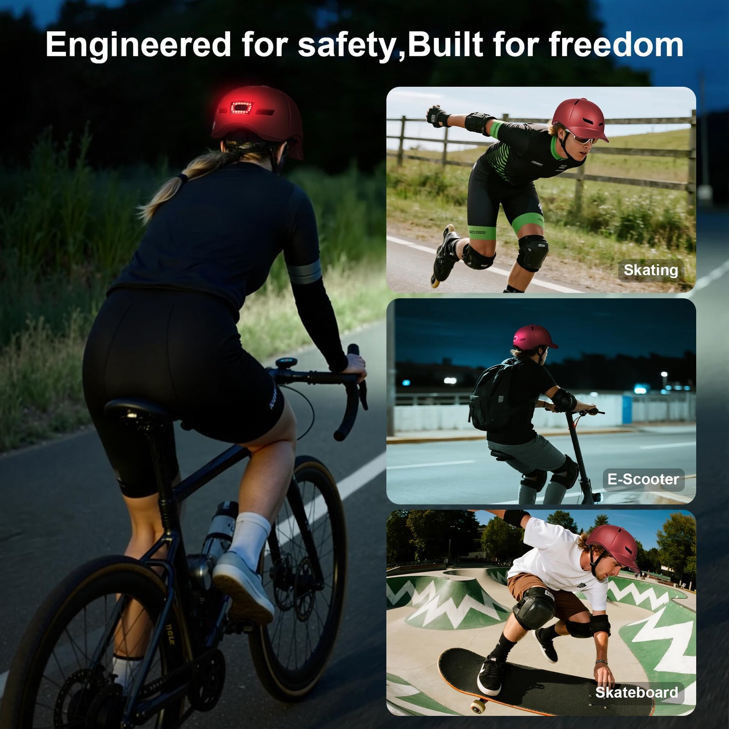 Bike Helmet Adult Men/Women-USB Rechargeable Rear Light CPSC/ASTM Certified 2 Removable Liners Adjustable Lightweight Baseball Cap Style for Youth Road&Mountain Biking Skating Scooter