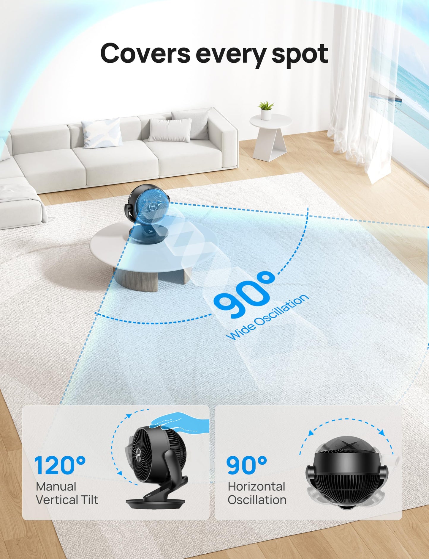 DREO Fan for Bedroom, 13-Inch Oscillating Table Air Circulator Fan for Whole Room, 120° Tilt Adjustment, 28dB Ultra-Quiet, 70ft Powerful Airflow, 4 Speeds Desk Fans with Remote for Home, Office