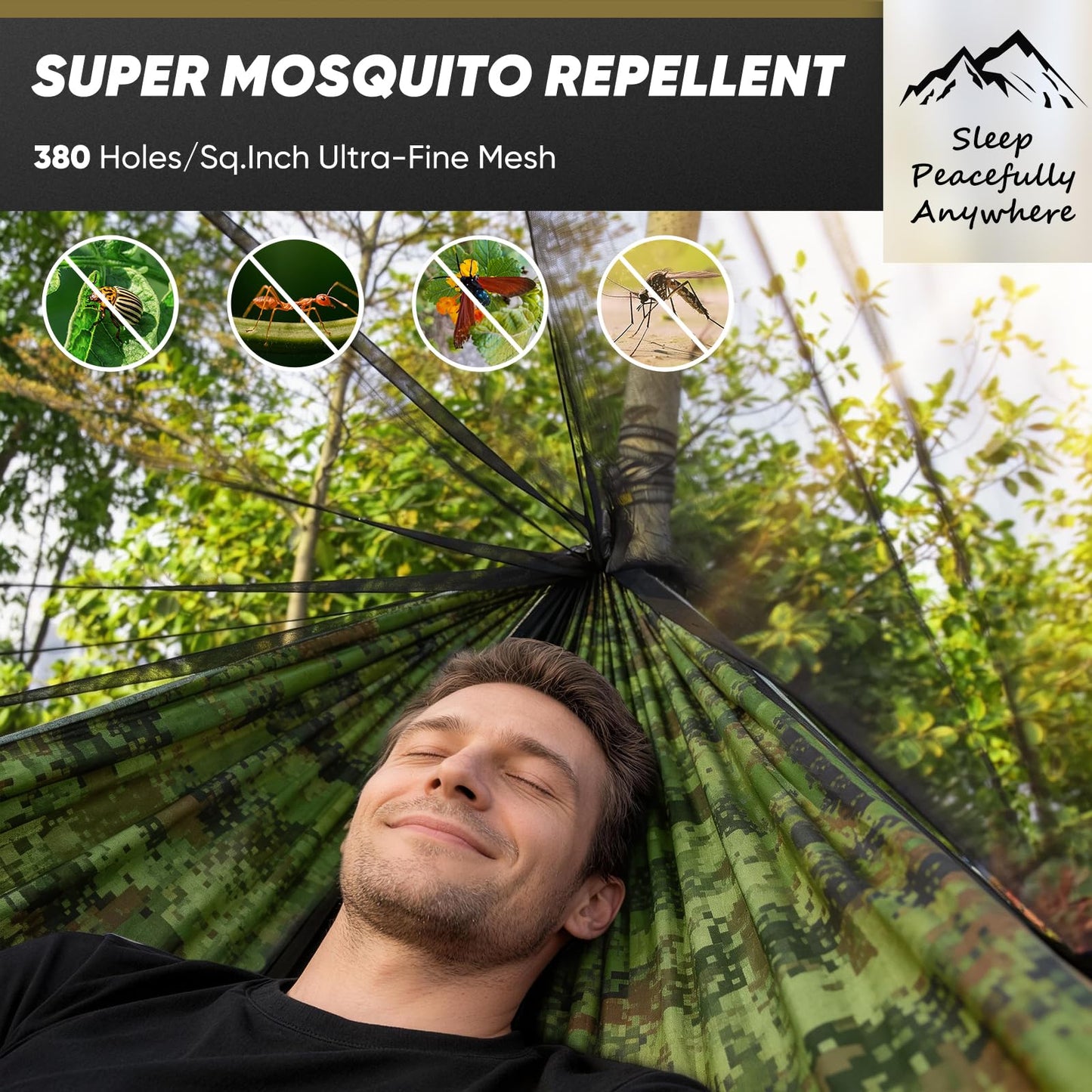 Camping Hammock with Mosquito Net, 600 lbs Portable Hammock with Tree Straps, 2-in-1 Double/Single Travel Hammock Tent for Outside/Indoor/Backpacking/Beach - Black & Grey