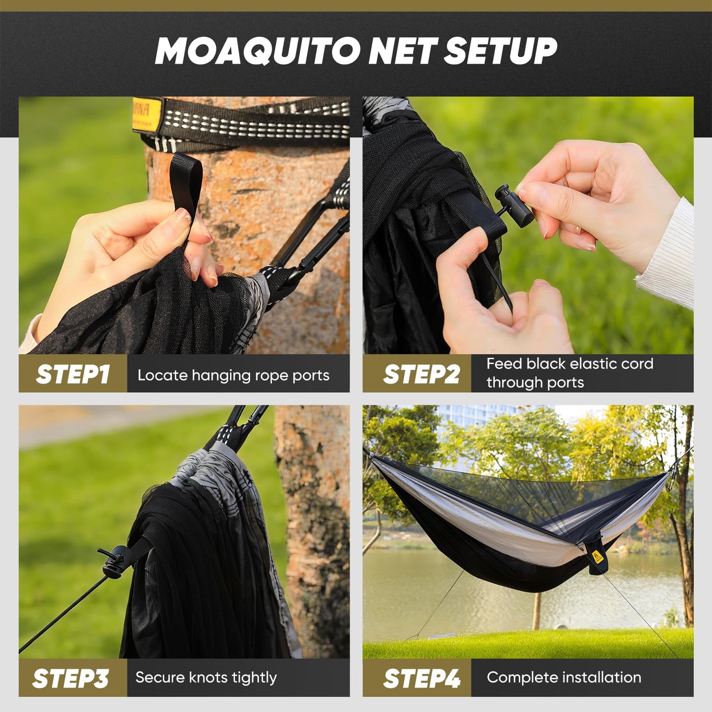 Camping Hammock with Mosquito Net, 600 lbs Portable Hammock with Tree Straps, 2-in-1 Double/Single Travel Hammock Tent for Outside/Indoor/Backpacking/Beach - Black & Grey