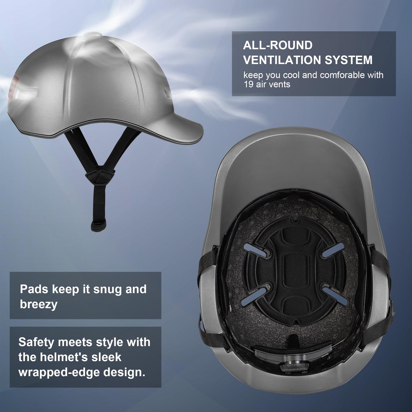 Bike Helmet Adult Men/Women-USB Rechargeable Rear Light CPSC/ASTM Certified 2 Removable Liners Adjustable Lightweight Baseball Cap Style for Youth Road&Mountain Biking Skating Scooter