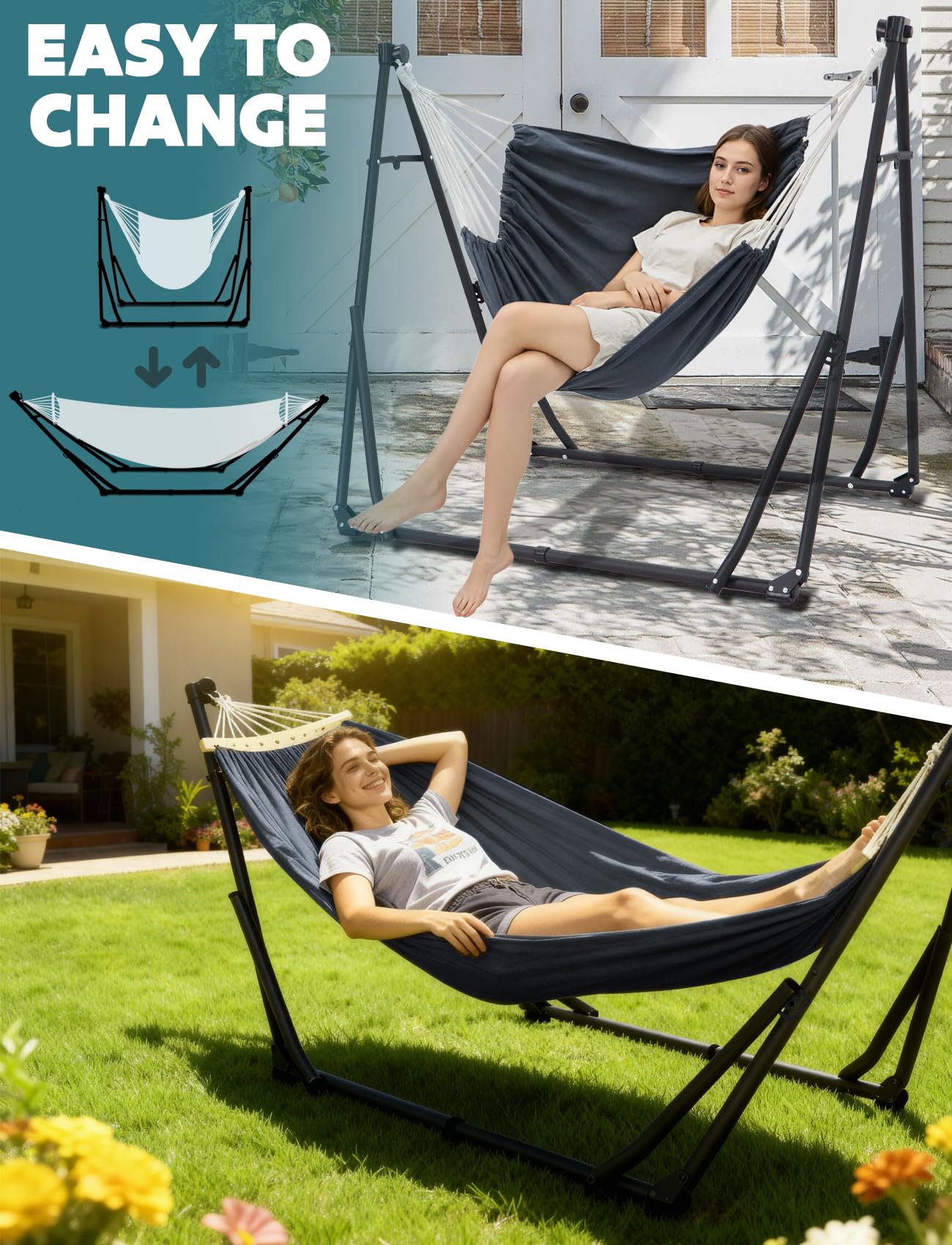Anyoo 2 in 1 Hammock and Swinging Chair with Collapsible Steel Stand & Carrying Case,Portable & Adjustable,Easy Set Up for Outdoor,Indoor,Porch Swing,Patio,Garden,Camping Trip