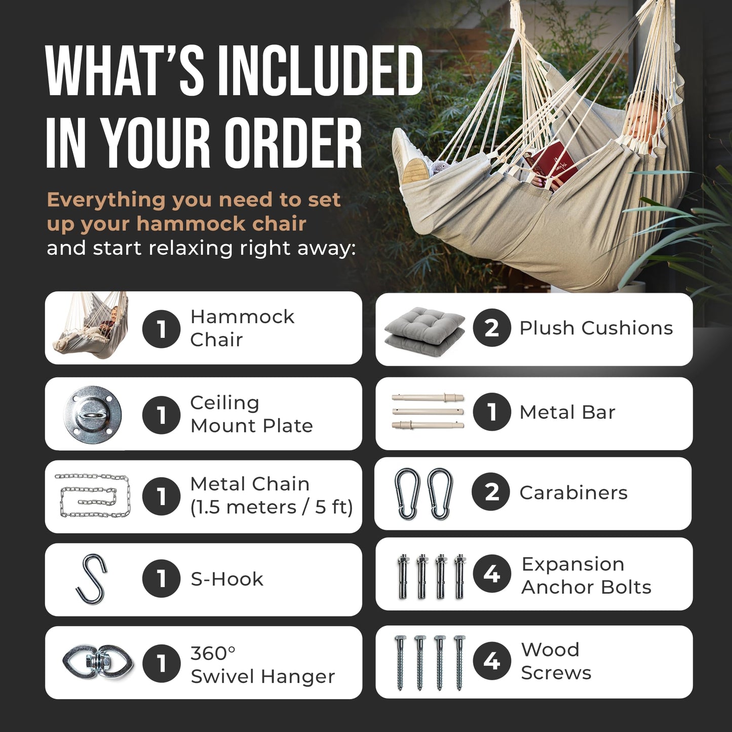 Hanging Hammock Chair Swing – Hanging Chair Outdoor & Indoor - Hammock Swing Chair – Quick & Easy Setup with Hardware Kit – Durable & Spacious Full Body Support – Holds 440 Lbs