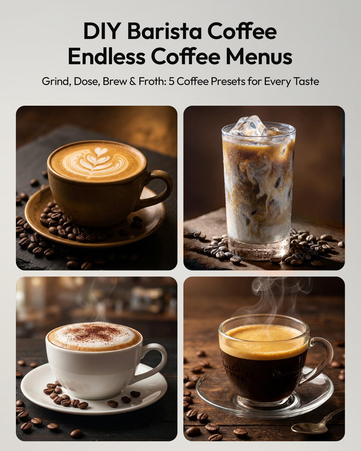 EUHOMY Fully Automatic Espresso Machine, 20 Bar Coffee Maker with Grinder and Integrated Milk Frother, Automatic Espresso Machine with Touch Screen, 15-Grind Settings Coffee Machine for Home, Silver