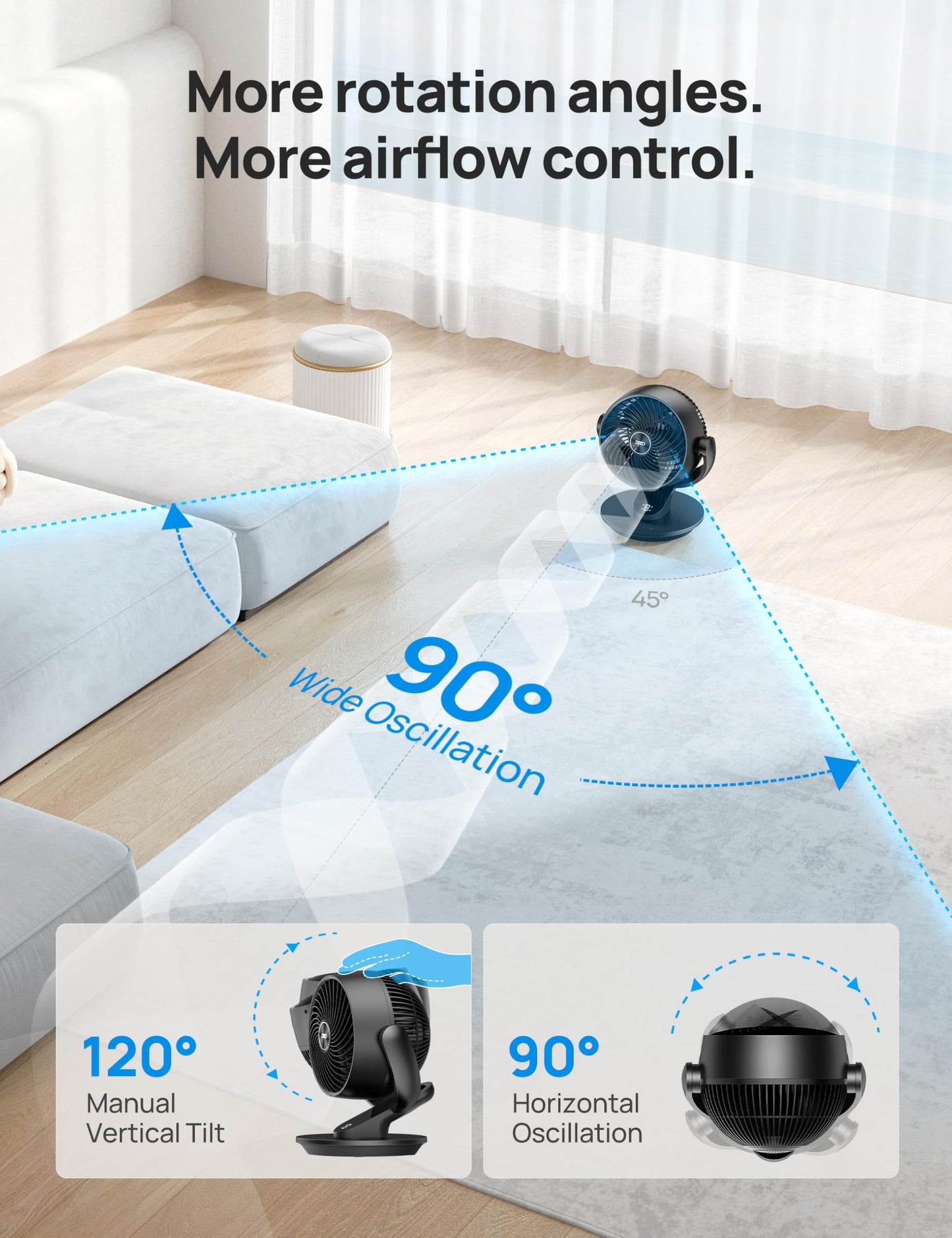 DREO Fan for Bedroom, 13-Inch Oscillating Table Air Circulator Fan for Whole Room, 120° Tilt Adjustment, 28dB Ultra-Quiet, 70ft Powerful Airflow, 4 Speeds Desk Fans with Remote for Home, Office
