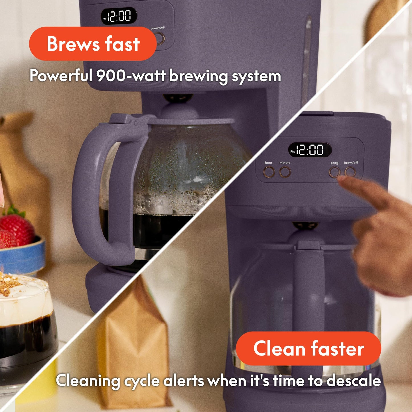 BELLA 12 Cup Programmable Coffee Marker, Reusable Dishwasher Safe Accessories, Easy LCD diaply, Auto Shutoff, 900 watt, Oatmilk