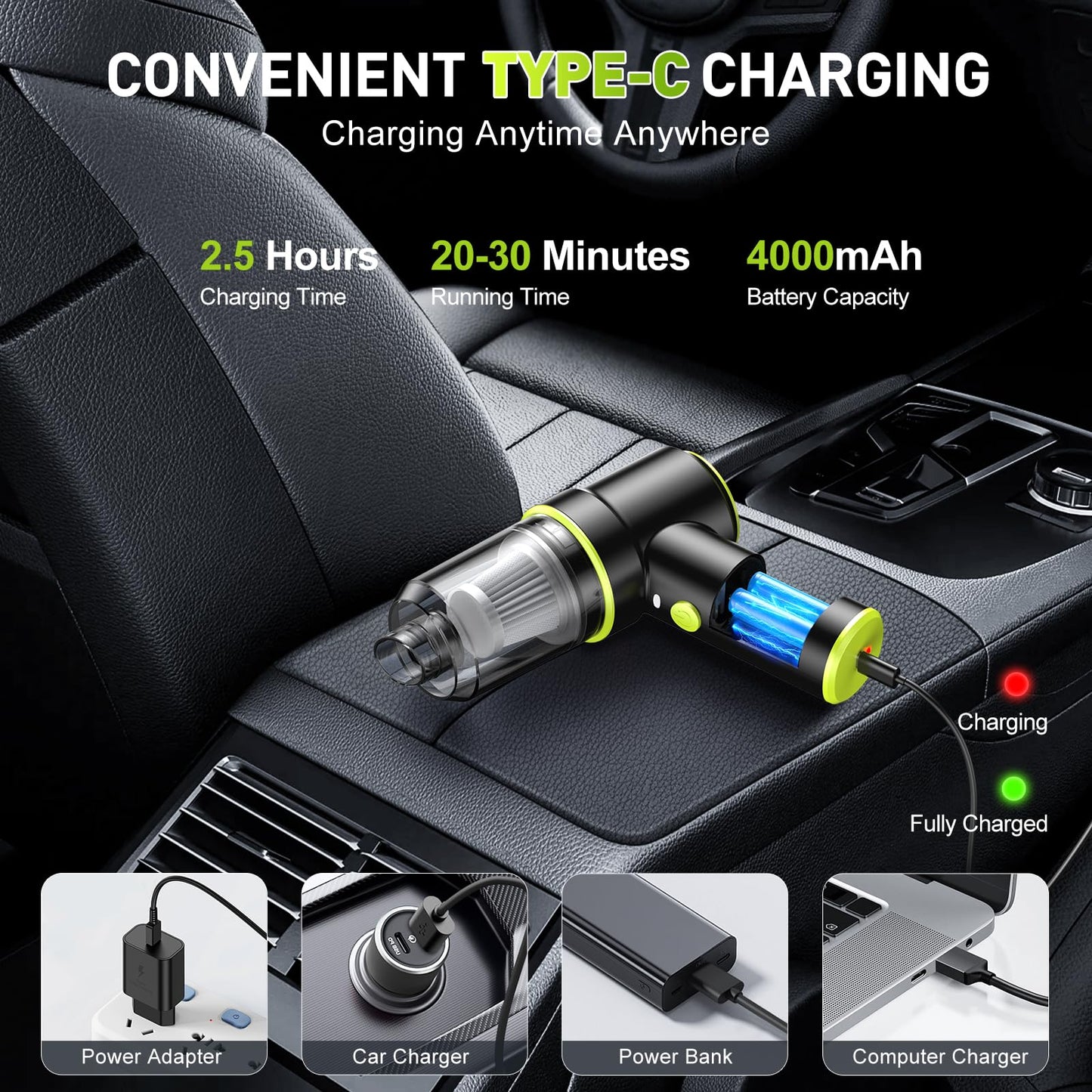 KMM Handheld Car Vacuum Cleaner, 9000Pa Vacuum Cleaner and Air Duster, 120W High Power Hand Held Vacuum with LED Light and Multi-Nozzles for Car, Home, Office, Pet