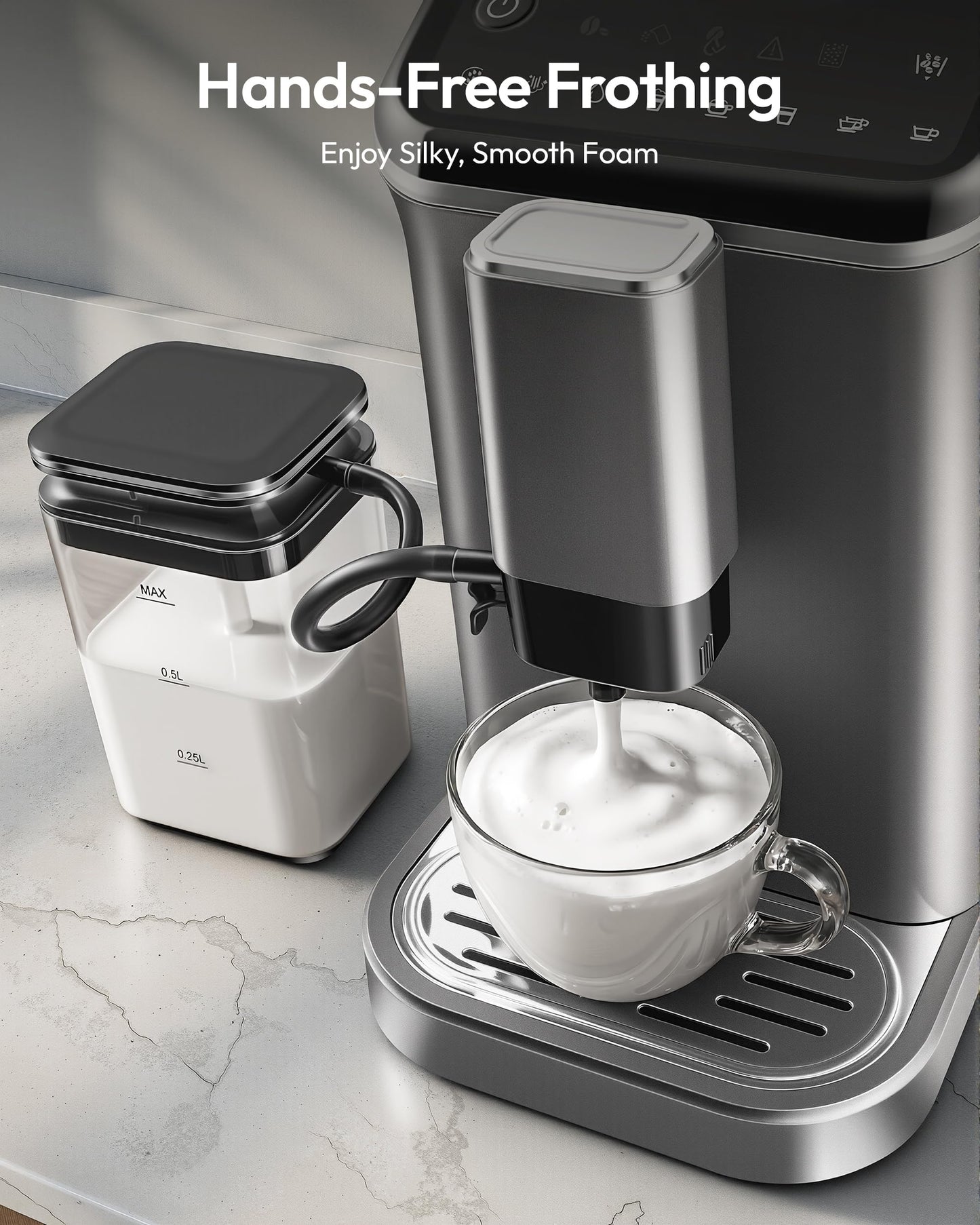 EUHOMY Fully Automatic Espresso Machine, 20 Bar Coffee Maker with Grinder and Integrated Milk Frother, Automatic Espresso Machine with Touch Screen, 15-Grind Settings Coffee Machine for Home, Silver