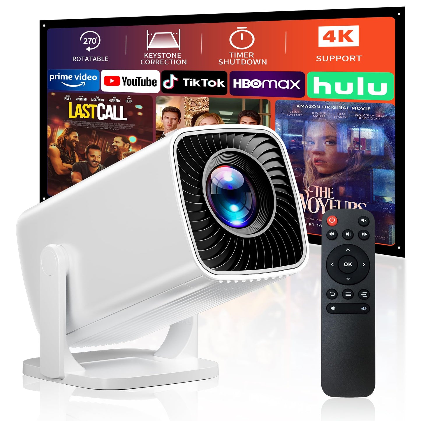 Mini Projector, Portable Projector 4K & Full HD 1080P Support, 270° Rotation Outdoor Projector, Movie Projector Compatible with Smartphone, TV Stick, Laptop, PS4, HDMI, USB (No WiFi or Bluetooth)