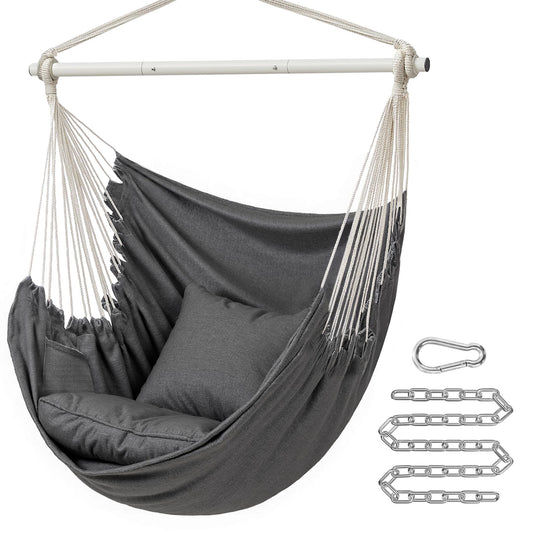 SONGMICS Hammock Chair, Load Capacity 500 lb, Hanging Chair with 2 Cushions, Large Hammock Swing with Chain and Pocket, for Indoor, Outdoor, Living Room, Bedroom, Slate Gray UGDC197G02