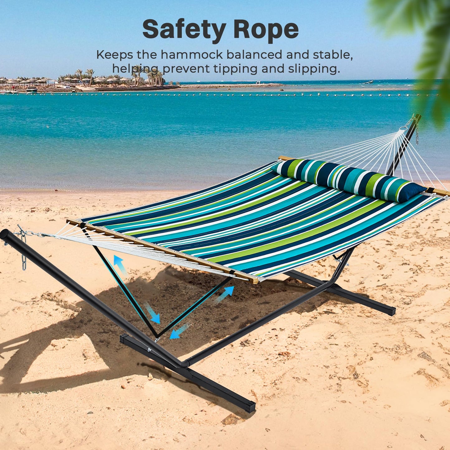 SUPERJARE Hammock with Stand, 2 Person Quilted Outdoor Hammock, Detachable Pillow & Bamboo Spreaders, Portable Hammock with Carrying Bag, Heavy Duty Stand, Perfect for Outside, Patio, Navy Blue