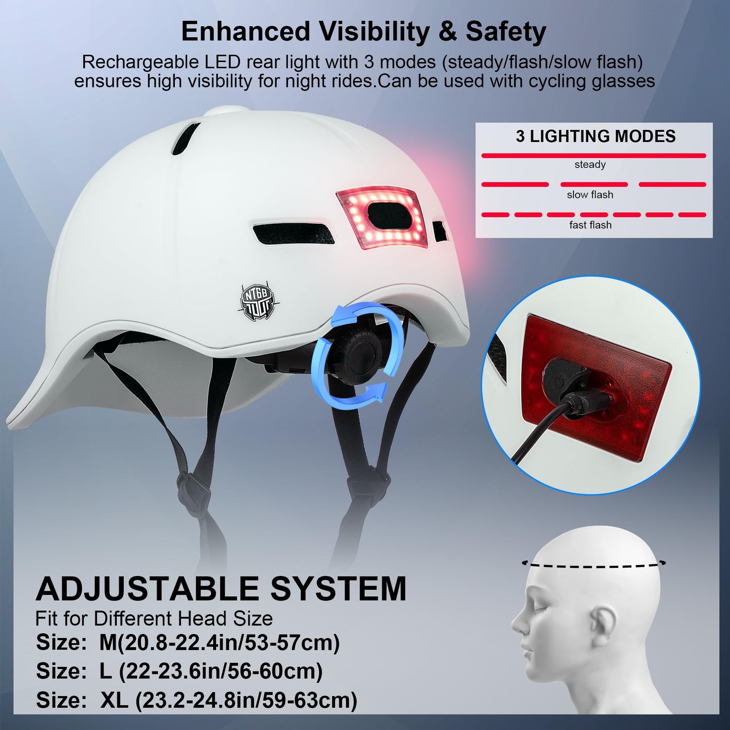 Bike Helmet Adult Men/Women-USB Rechargeable Rear Light CPSC/ASTM Certified 2 Removable Liners Adjustable Lightweight Baseball Cap Style for Youth Road&Mountain Biking Skating Scooter