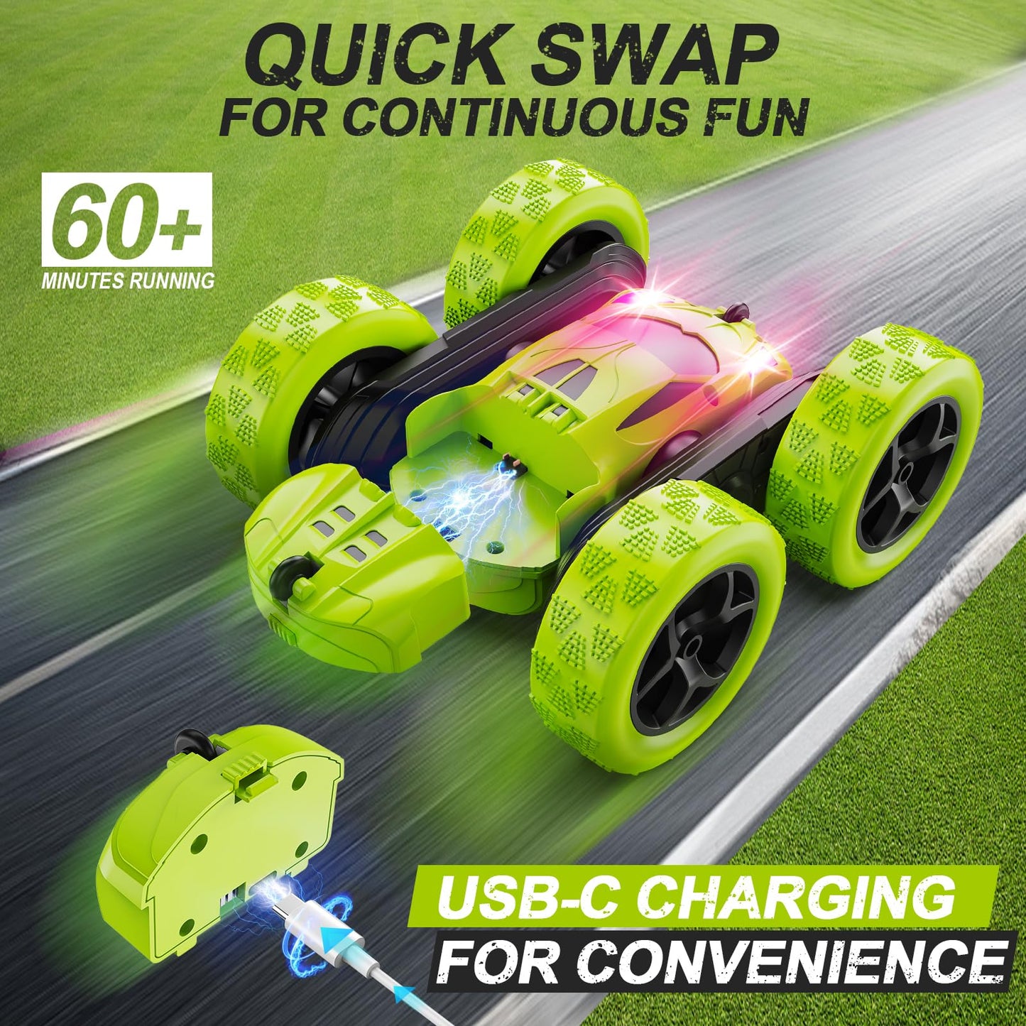 Remote Control Car, RC Cars Toys for Kids Ages 6-12, 4WD Stunt Car with LED Lights & 360° Flips, 2.4GHz, Upgraded USB-C Modular Batteries, 8-10 Year Old Boys Birthday Gift 1-Blue