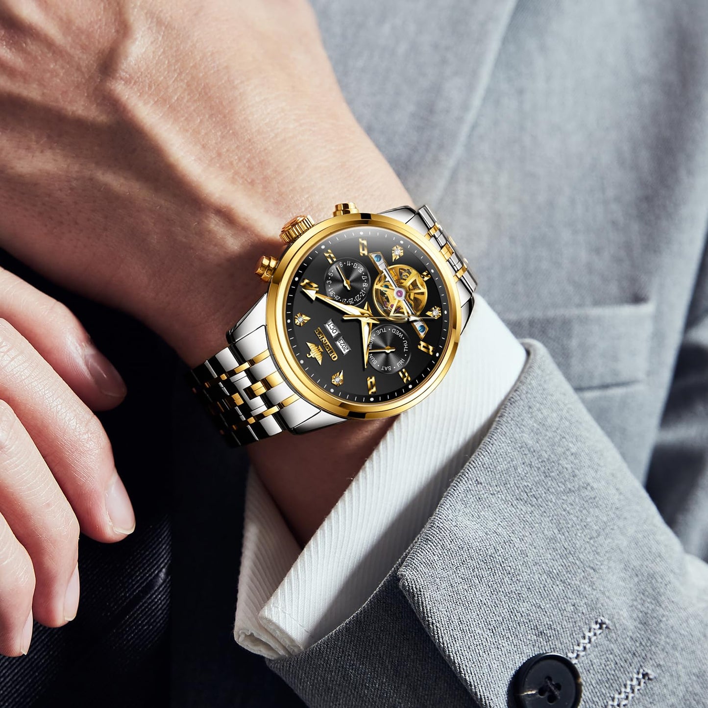 OUPINKE Men Skeleton Watch Automatic Mechanical Luxury Dress Waterproof Tourbillion Sapphire Crystal Wrist Watches for Men