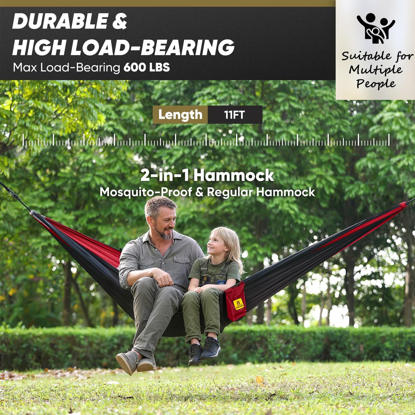 Camping Hammock with Mosquito Net, 600 lbs Portable Hammock with Tree Straps, 2-in-1 Double/Single Travel Hammock Tent for Outside/Indoor/Backpacking/Beach - Black & Grey