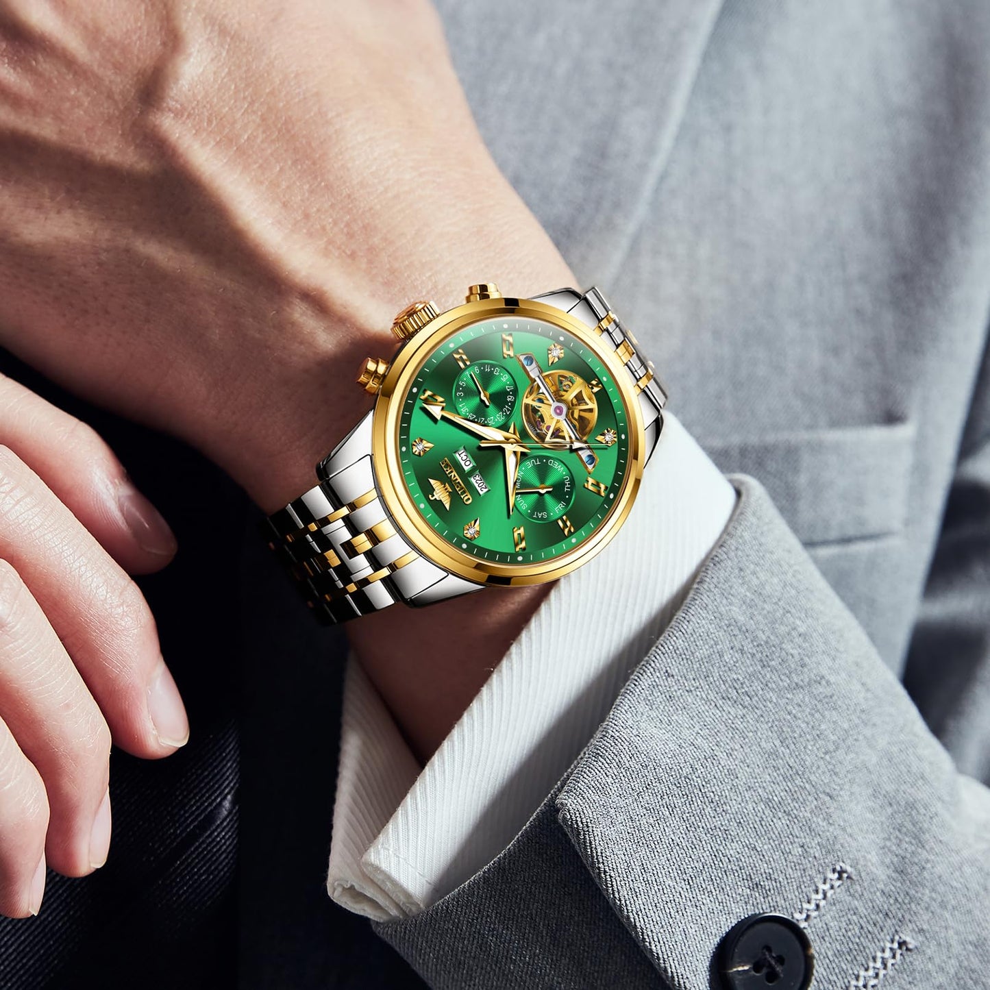 OUPINKE Men Skeleton Watch Automatic Mechanical Luxury Dress Waterproof Tourbillion Sapphire Crystal Wrist Watches for Men