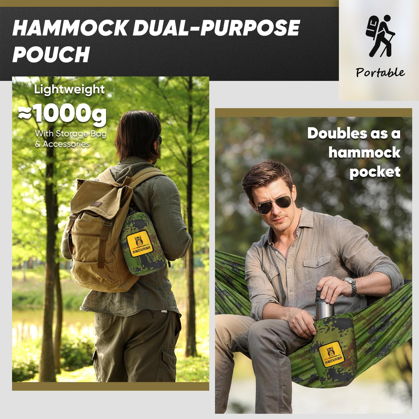 Camping Hammock with Mosquito Net, 600 lbs Portable Hammock with Tree Straps, 2-in-1 Double/Single Travel Hammock Tent for Outside/Indoor/Backpacking/Beach - Black & Grey