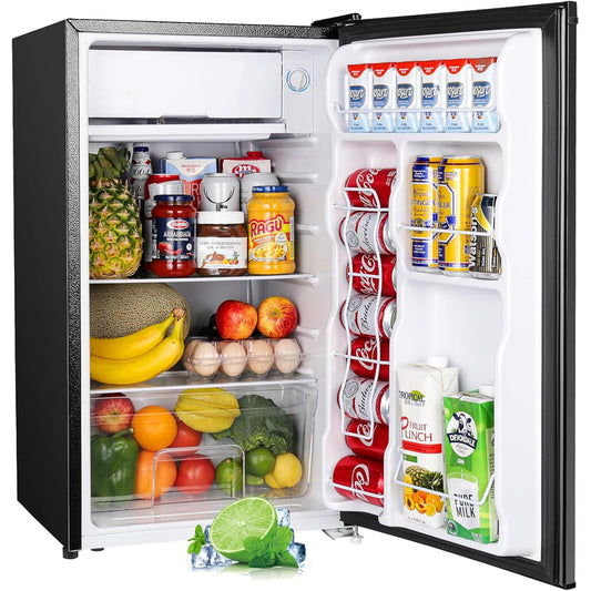 Upstreman 3.2 Cu.Ft Mini Fridge with Freezer, Single Door Mini Fridge, Dorm Fridge, Adjustable Thermostat, Mini Refrigerator for Bedroom, Office, Dorm, Black-BR321