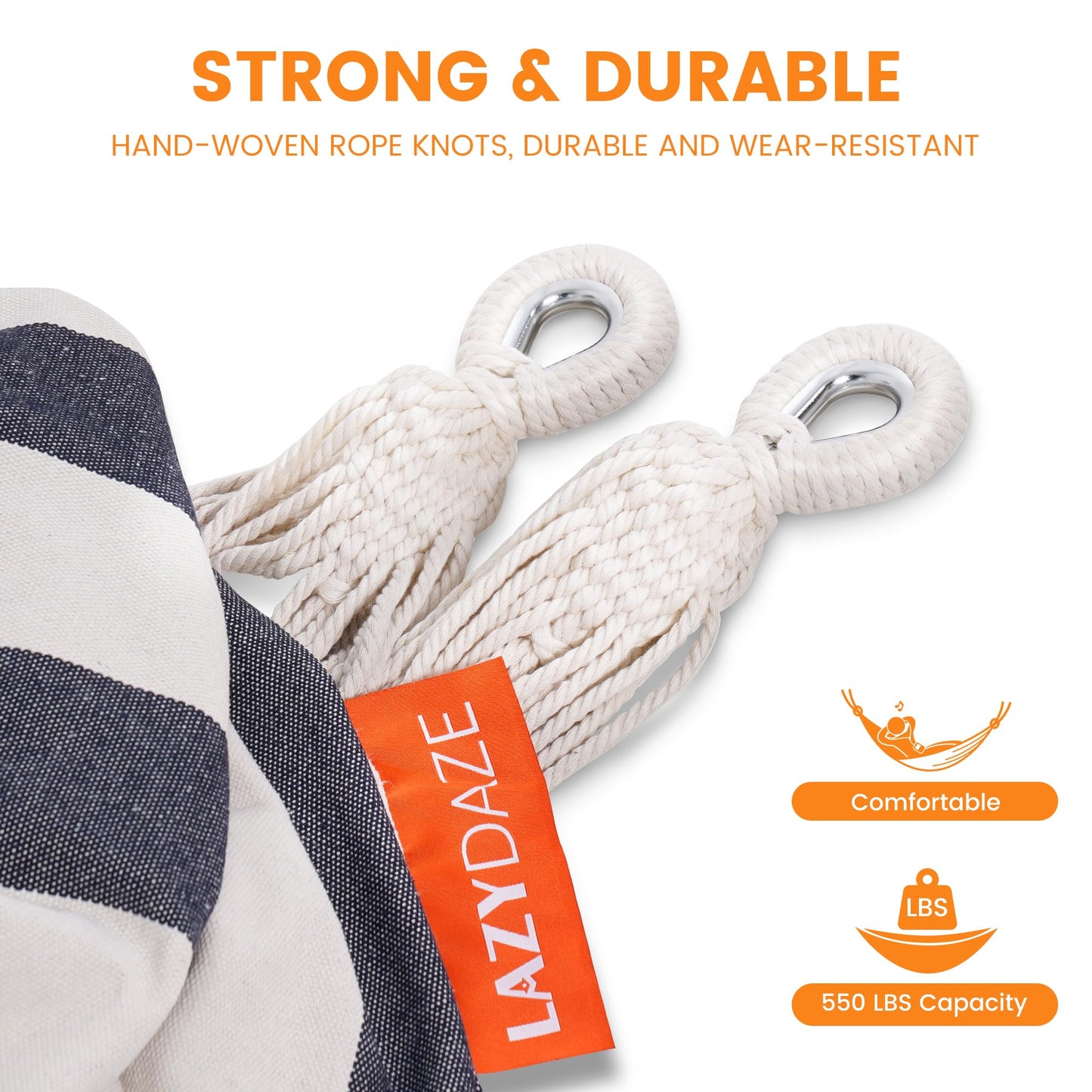 Lazy Daze Hammocks Extra Large Double Hammock, Portable Camping Hammock with Travel Bag & Tree Straps for Outdoor, Camping, Backyard, Patio, 550lbs Capacity, Black & White