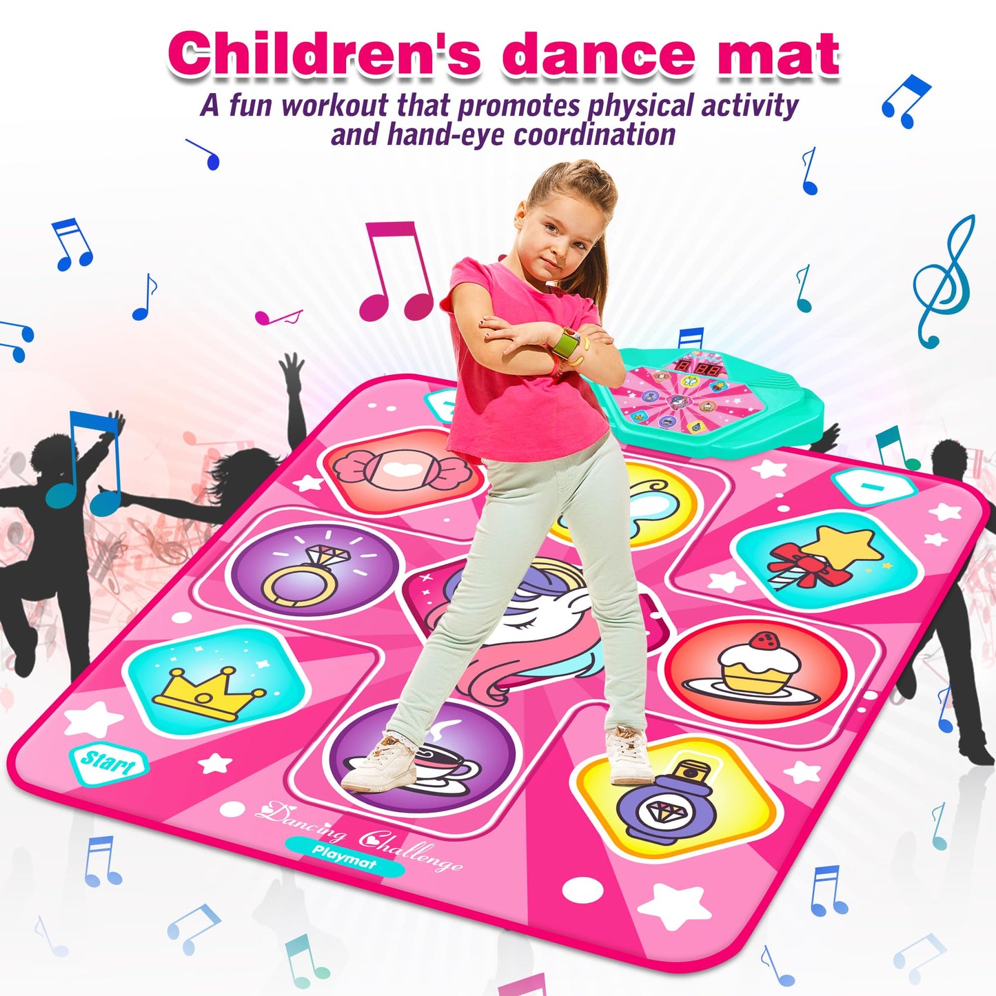 Unicorn Dance Mat, Dance Mixer Rhythm Step Play Mat, Pink Dance Pad with LED Lights, Adjustable Volume, Built-in Music, 5 Game Modes, Xmas B-Day Gifts for 3-12 Years Old Girls Toys
