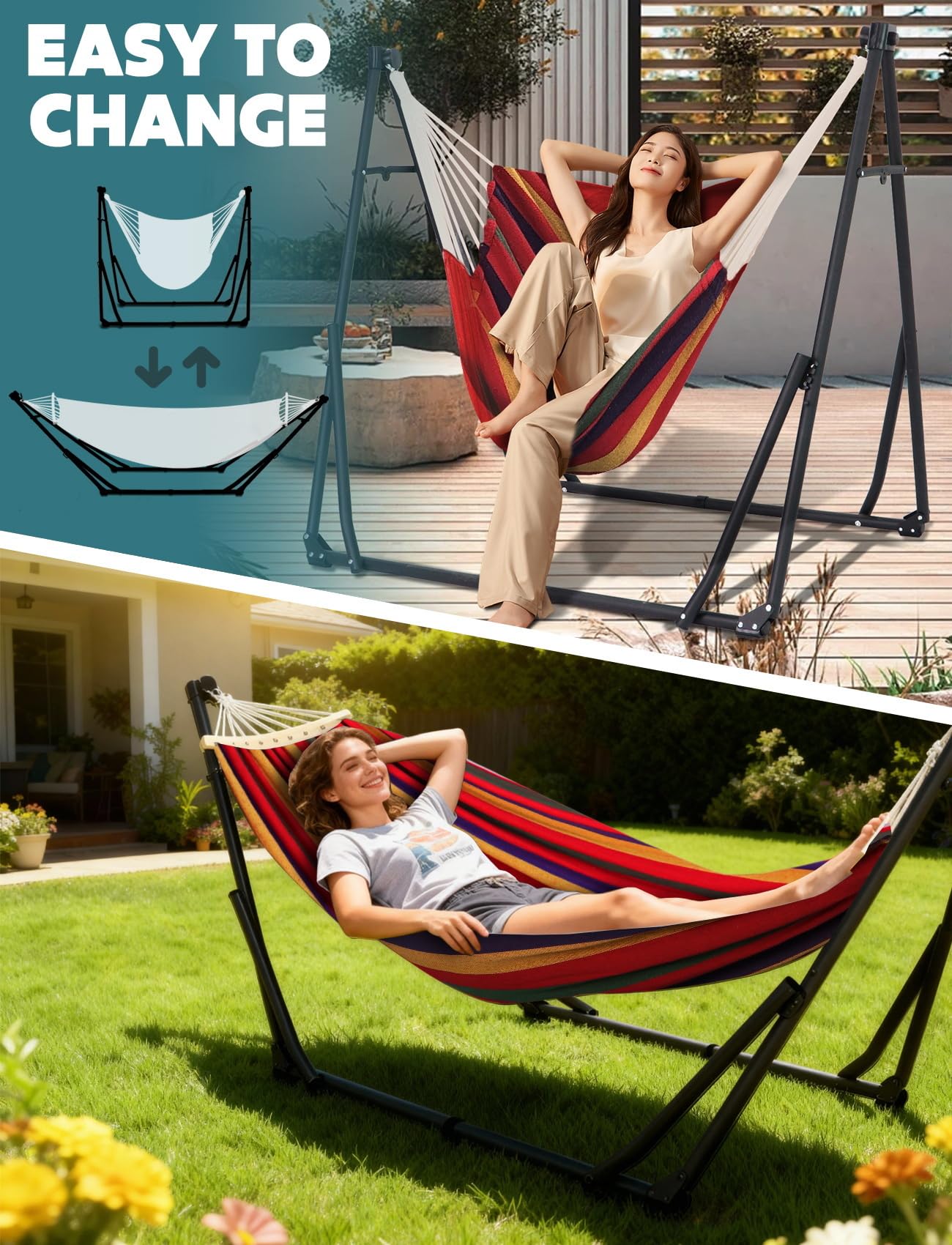 Anyoo 2 in 1 Hammock and Swinging Chair with Collapsible Steel Stand & Carrying Case,Portable & Adjustable,Easy Set Up for Outdoor,Indoor,Porch Swing,Patio,Garden,Camping Trip