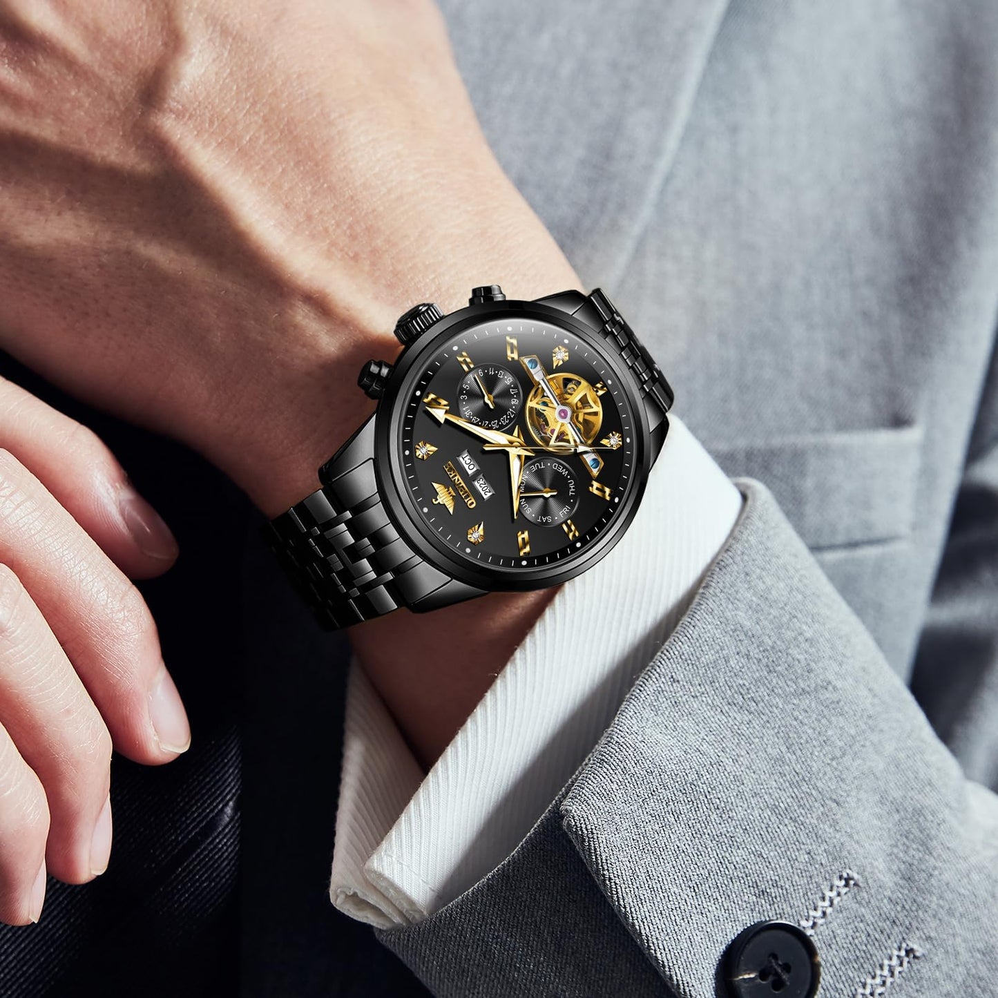 OUPINKE Men Skeleton Watch Automatic Mechanical Luxury Dress Waterproof Tourbillion Sapphire Crystal Wrist Watches for Men