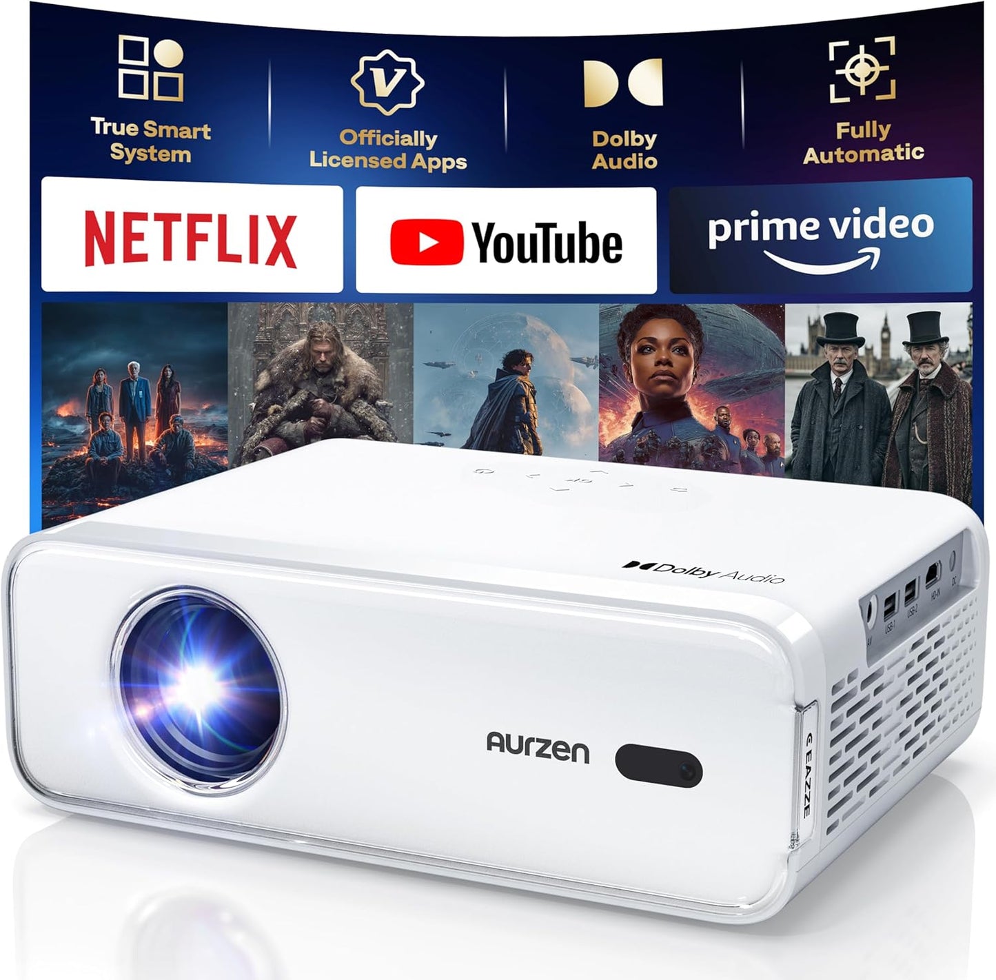 Aurzen EAZZE D1 Smart Projector with WiFi and Bluetooth, Officially-Licensed APP, Auto Focus/Keystone, DoIby Audio 16W Speakers, Native 1080P, HDR10, 4K Support, Portable Mini Outdoor Movie Projector