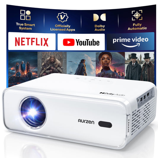 Aurzen EAZZE D1 Smart Projector with WiFi and Bluetooth, Netflix-Officially-Licensed, Auto Focus & Keystone, DoIby Audio, Native 1080P Movie, Portable Outdoor Mini Projector, White