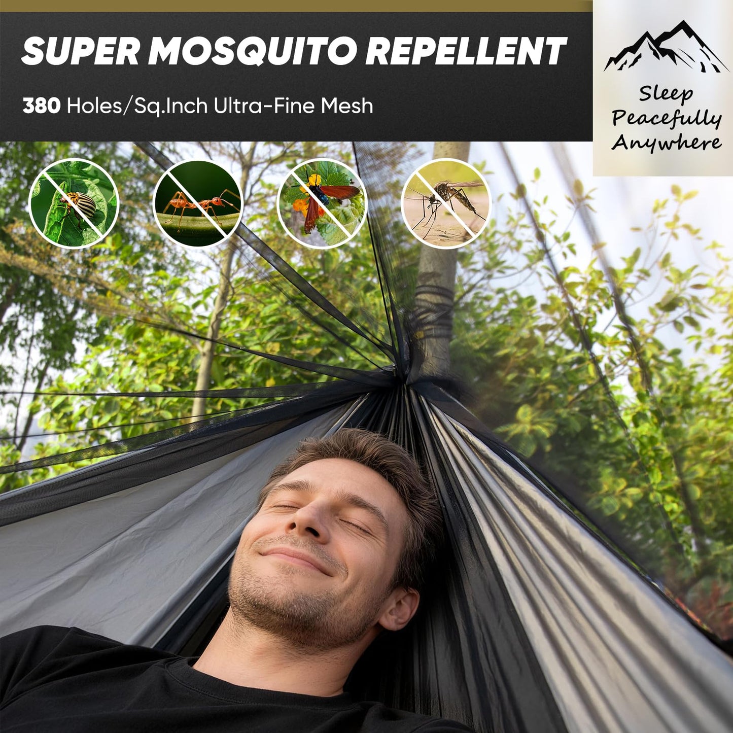 Camping Hammock with Mosquito Net, 600 lbs Portable Hammock with Tree Straps, 2-in-1 Double/Single Travel Hammock Tent for Outside/Indoor/Backpacking/Beach - Black & Grey