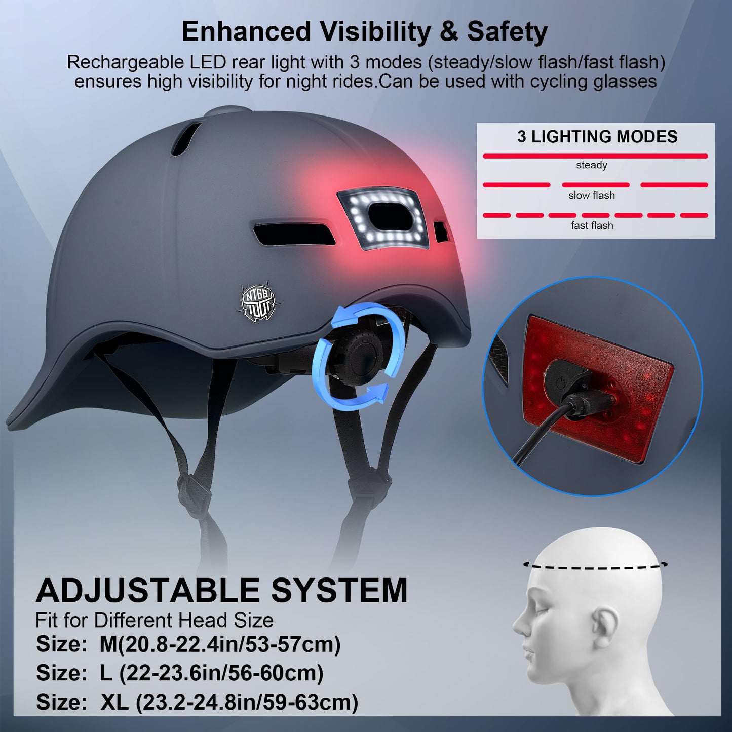 Bike Helmet Adult Men/Women-USB Rechargeable Rear Light CPSC/ASTM Certified 2 Removable Liners Adjustable Lightweight Baseball Cap Style for Youth Road&Mountain Biking Skating Scooter