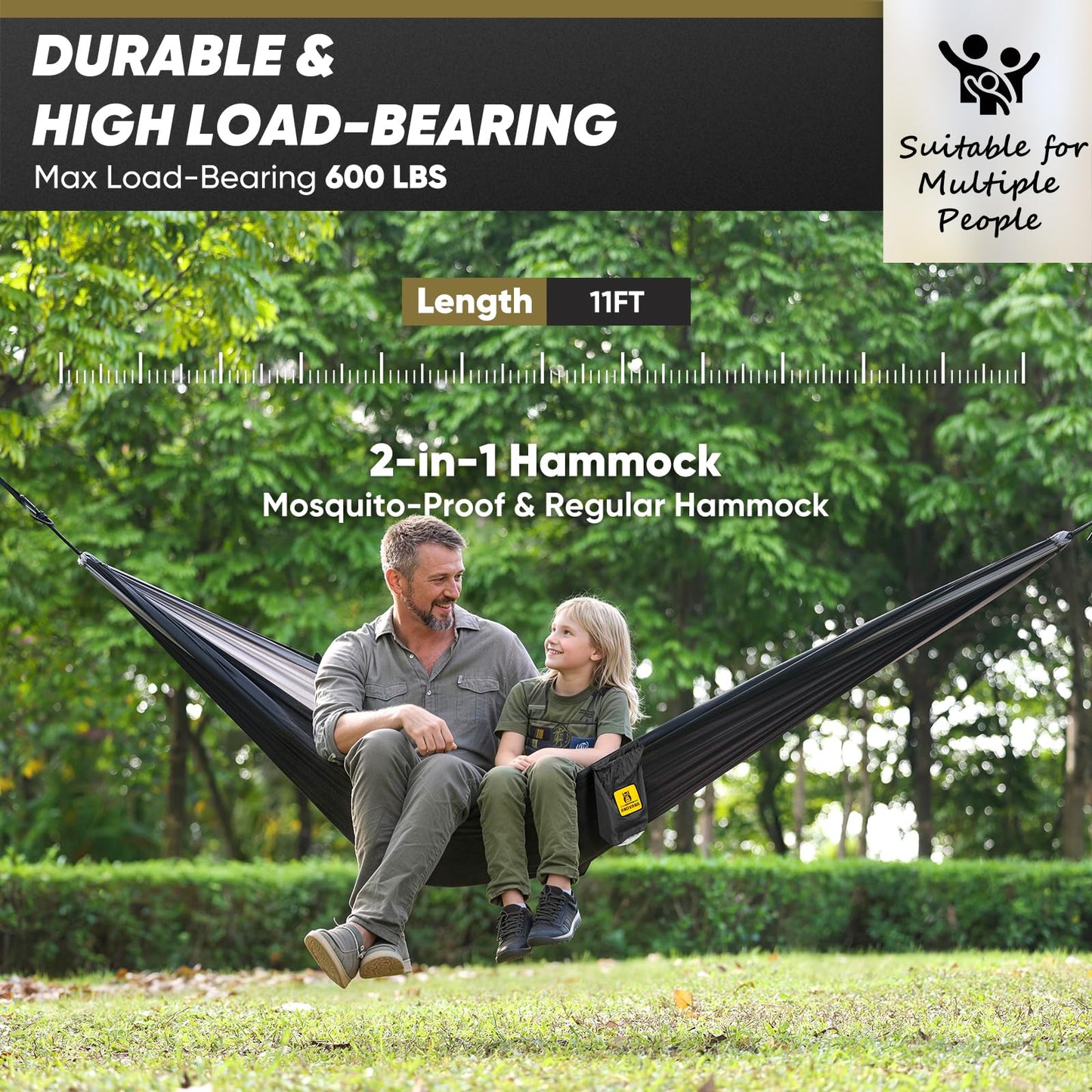 Camping Hammock with Mosquito Net, 600 lbs Portable Hammock with Tree Straps, 2-in-1 Double/Single Travel Hammock Tent for Outside/Indoor/Backpacking/Beach - Black & Grey