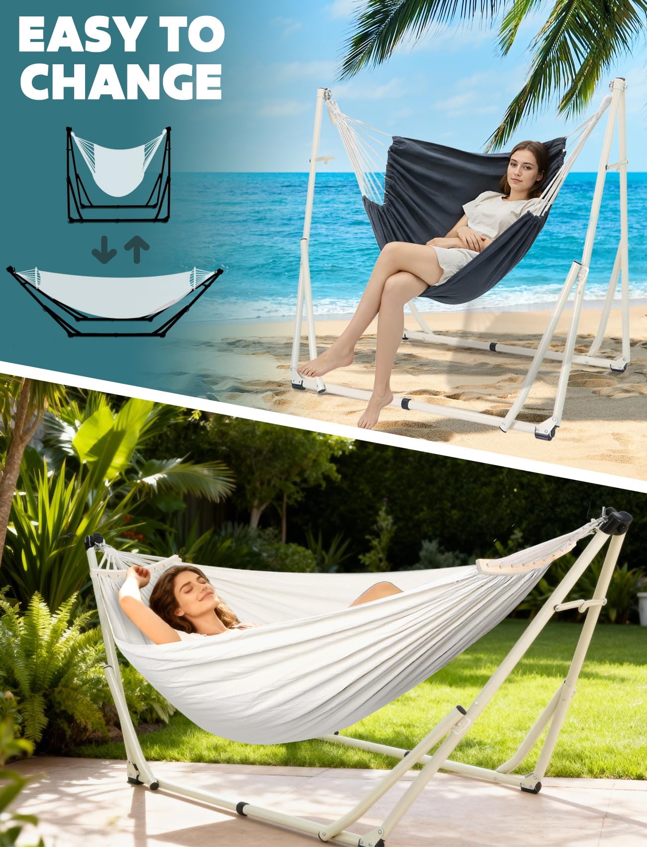 Anyoo 2 in 1 Hammock and Swinging Chair with Collapsible Steel Stand & Carrying Case,Portable & Adjustable,Easy Set Up for Outdoor,Indoor,Porch Swing,Patio,Garden,Camping Trip