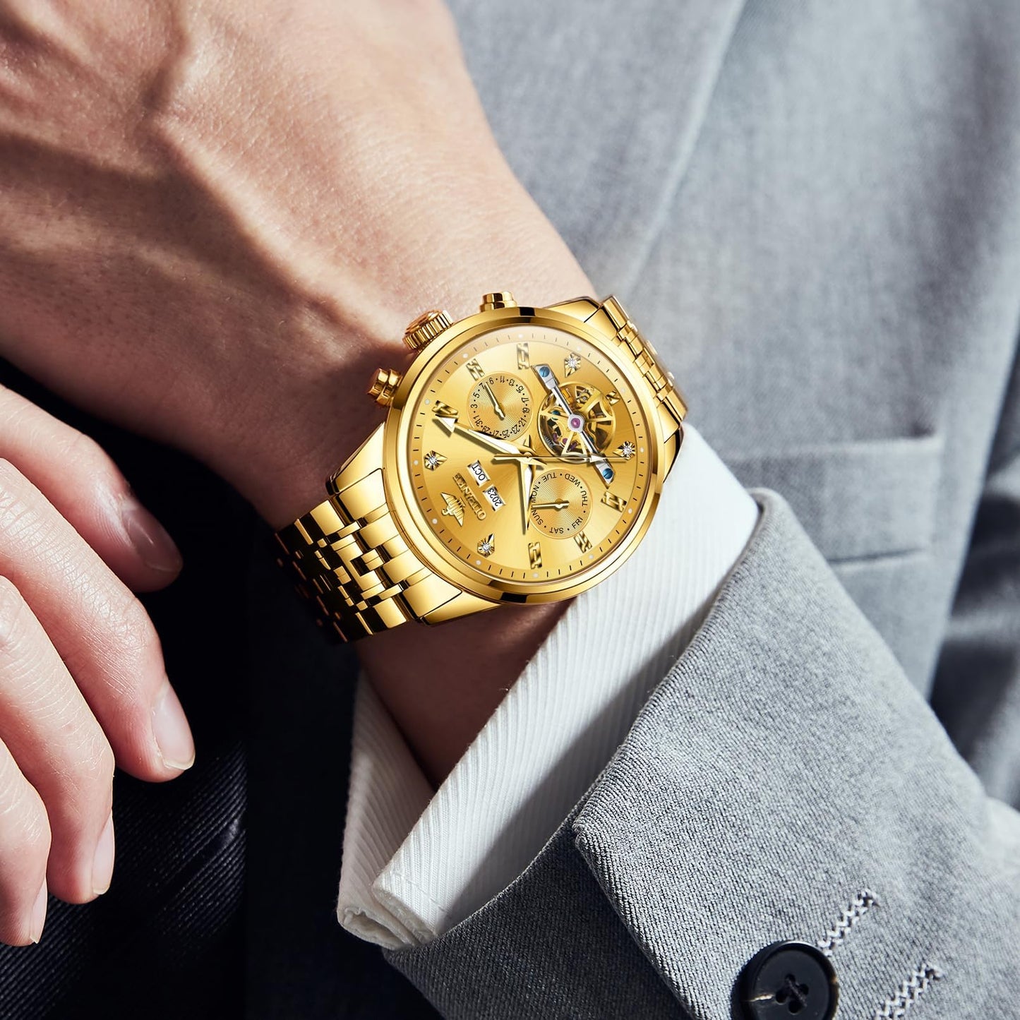 OUPINKE Men Skeleton Watch Automatic Mechanical Luxury Dress Waterproof Tourbillion Sapphire Crystal Wrist Watches for Men