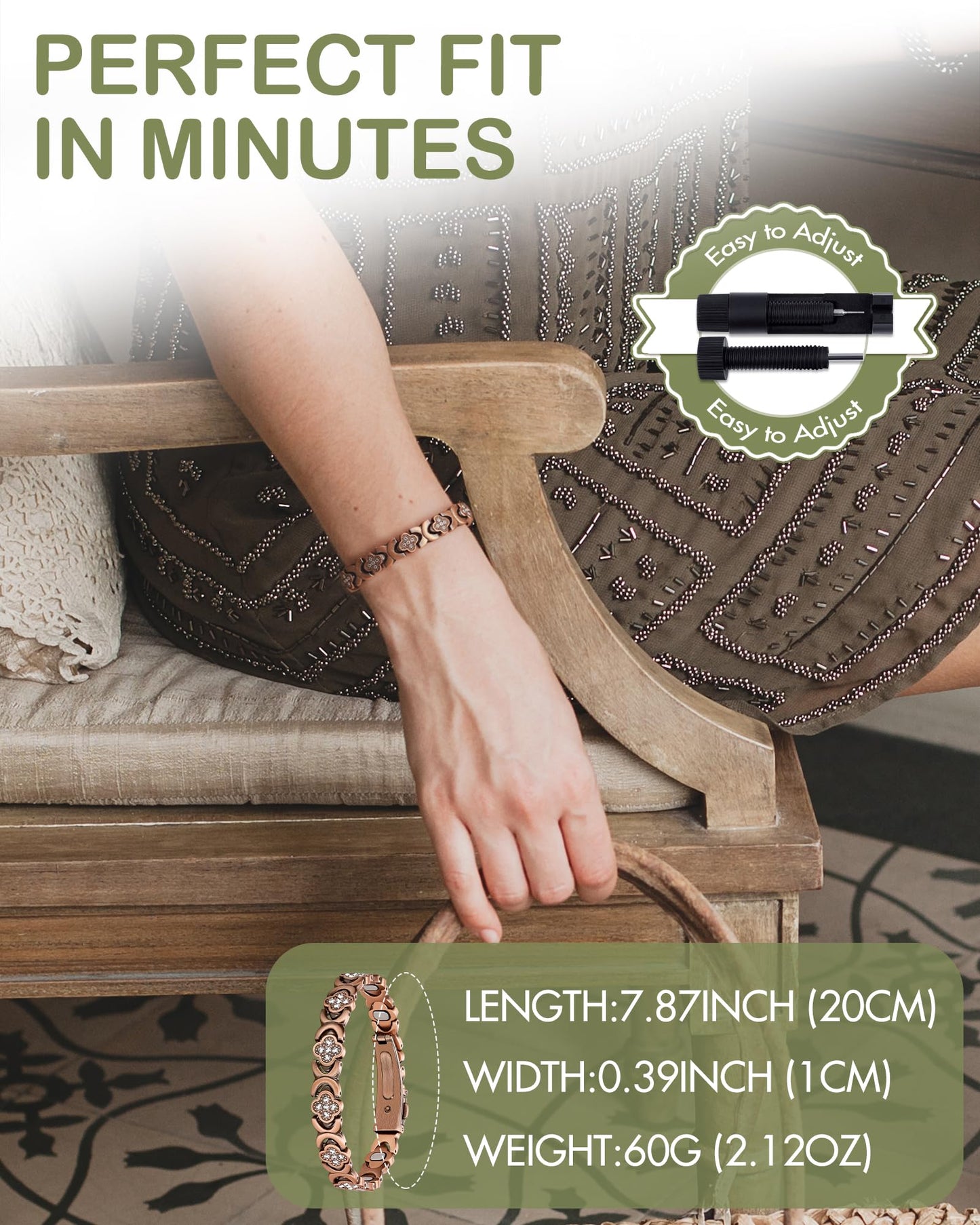 Feraco Pure Copper Bracelets for Women, Ultra Strength Magnetic Therapy Bracelet for Pain Relief with Neodymium Magnets & Sparkling Cubic Zirconia, Adjustable, Infinite Clover Jewelry