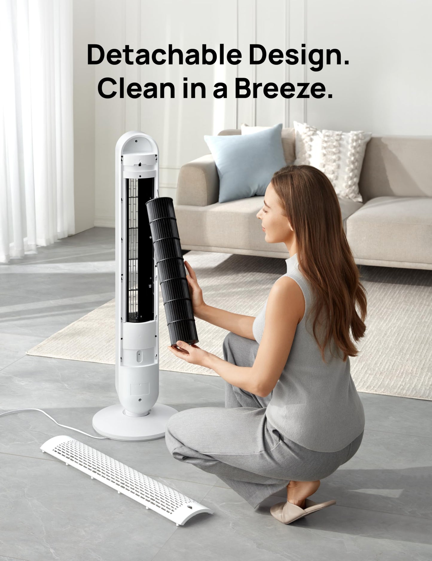 DREO Tower Fan for Bedroom, 28 ft/s, 20dB Quiet Oscillating Bladeless Fan with Remote, 9 Speeds, 4 Modes, 12H Timer, LED Display, Standing Floor Fan Powerful for Indoor Home Office Room, 42 Inch